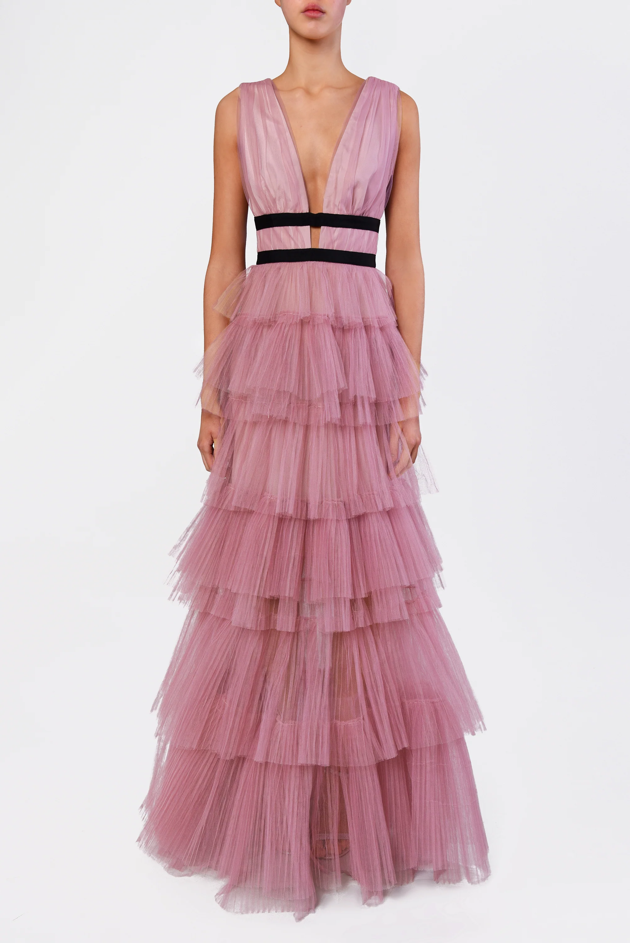 Eliza Dark Pink Plunge Neck Layered Tulle Maxi Gown
