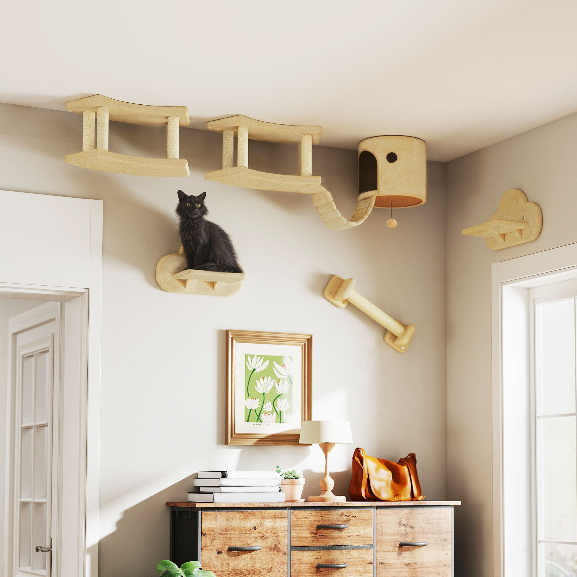 PawHut 5-teiliges Katzen-Kletterset mit Kratzpfosten, Sprungplattformen, Leiter, Haus, Wandmontage, Beige