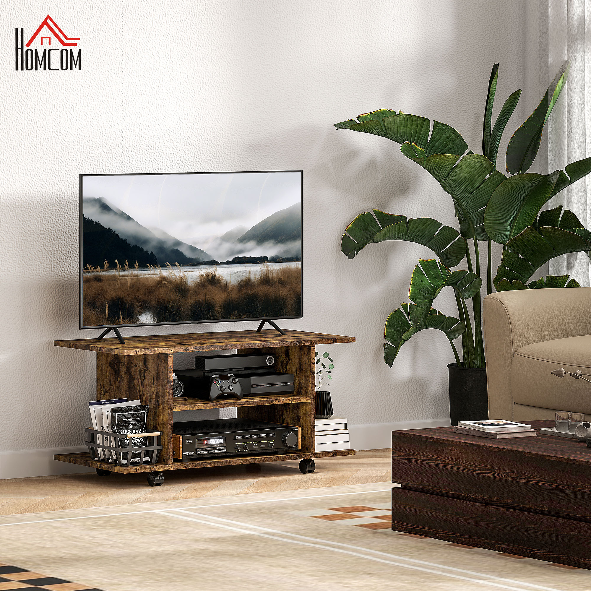 HOMCOM Modernes TV-Möbel mit Regalen, Rollen und Bremsen, 80x40x40 cm, Rustikales Braun