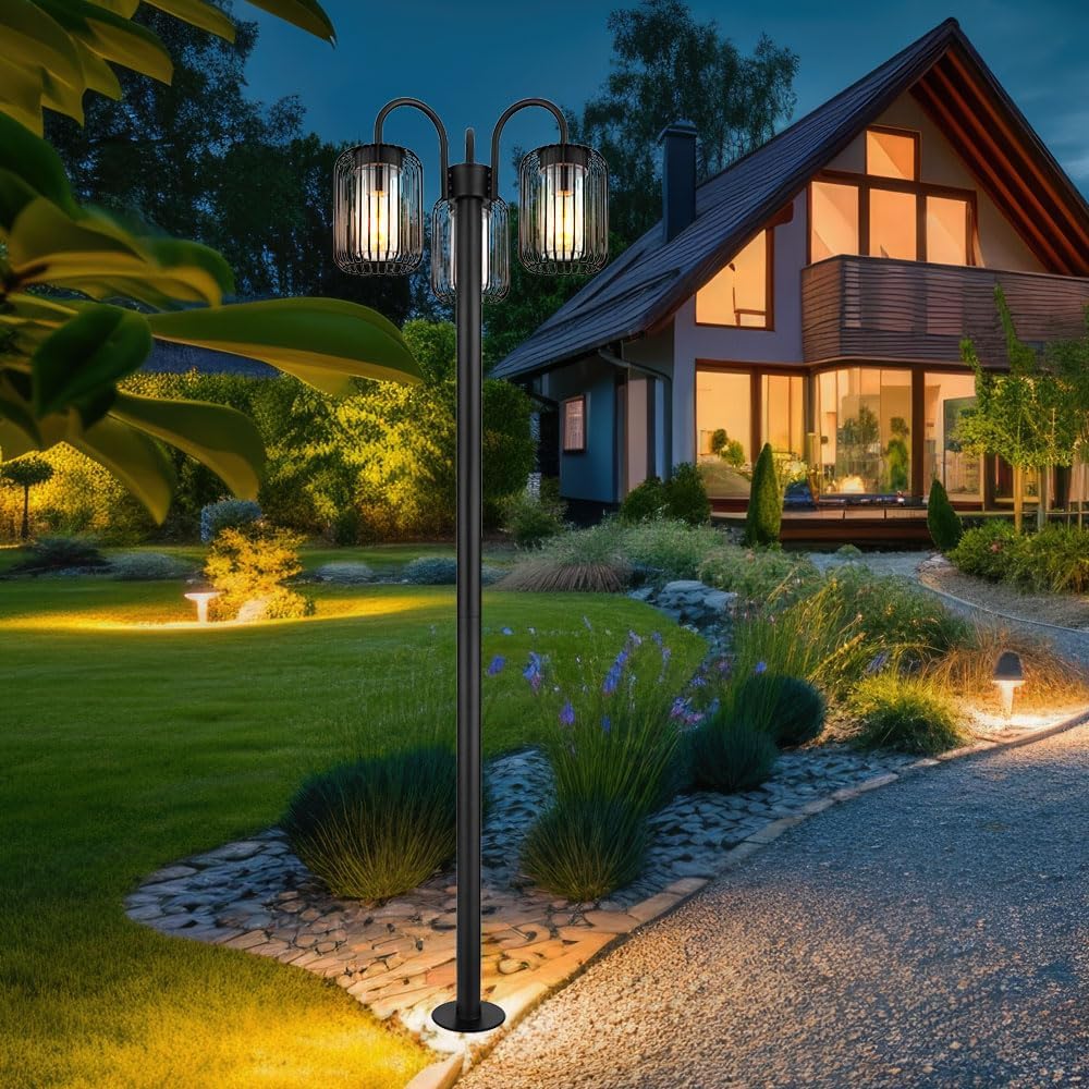LED Stehlampe Laterne Außenlampe Retro Wegeleuchte Edelstahl Terrassenlampe wetterfest Gartenleuchte, Metallstäbe, schwarz, 3x E27 LED warmweiß, DxH 48,5x180 cm