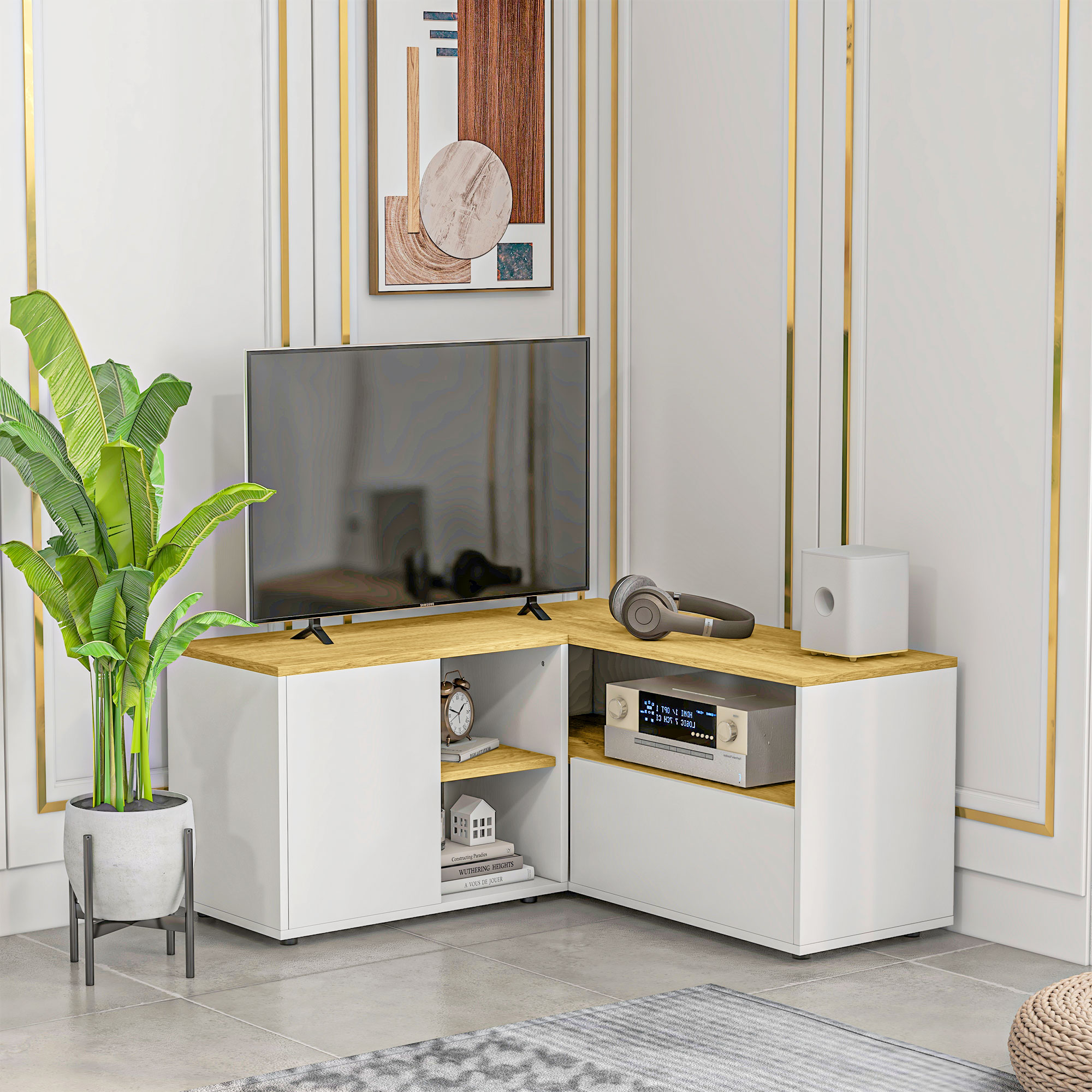 HOMCOM Eck-TV-Möbel Fernsehschrank bis zu 40 Zoll mit Stauraum in heller Holzoptik und Weiß