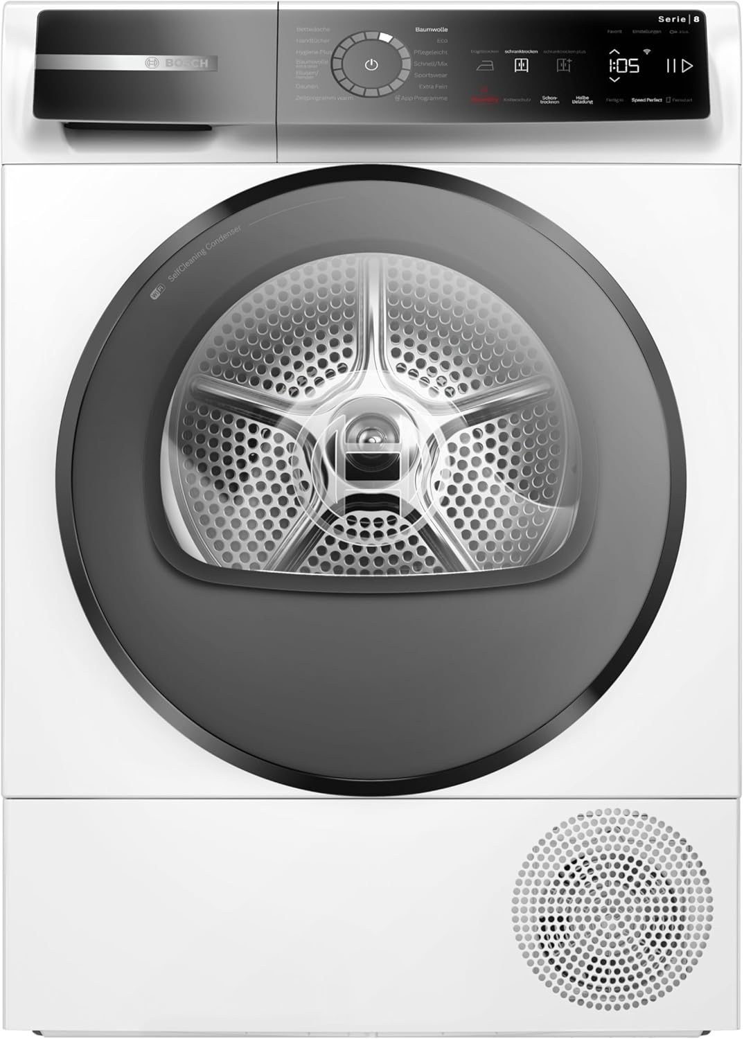 Bosch WQB246D41 Serie 8, Wärmepumpentrockner 9kg, Silent Dry - Extrem leise, Schneller getrocknete Wäsche, Auto Dry, Selbstreinigender Kondensator, Trommelinnenbeleuchtung, Home Connect, Weiß