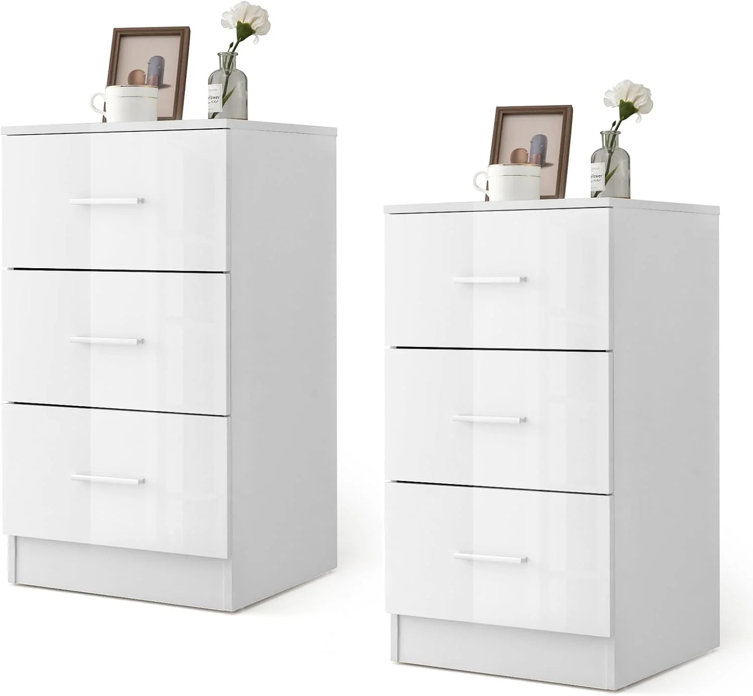COSTWAY 2er Set Nachttisch mit 3 Schubladen, 37 x 34 x 66,5 cm, Nachtkommode für Boxspringbett, Hochglanz Nachtschrank, weiß
