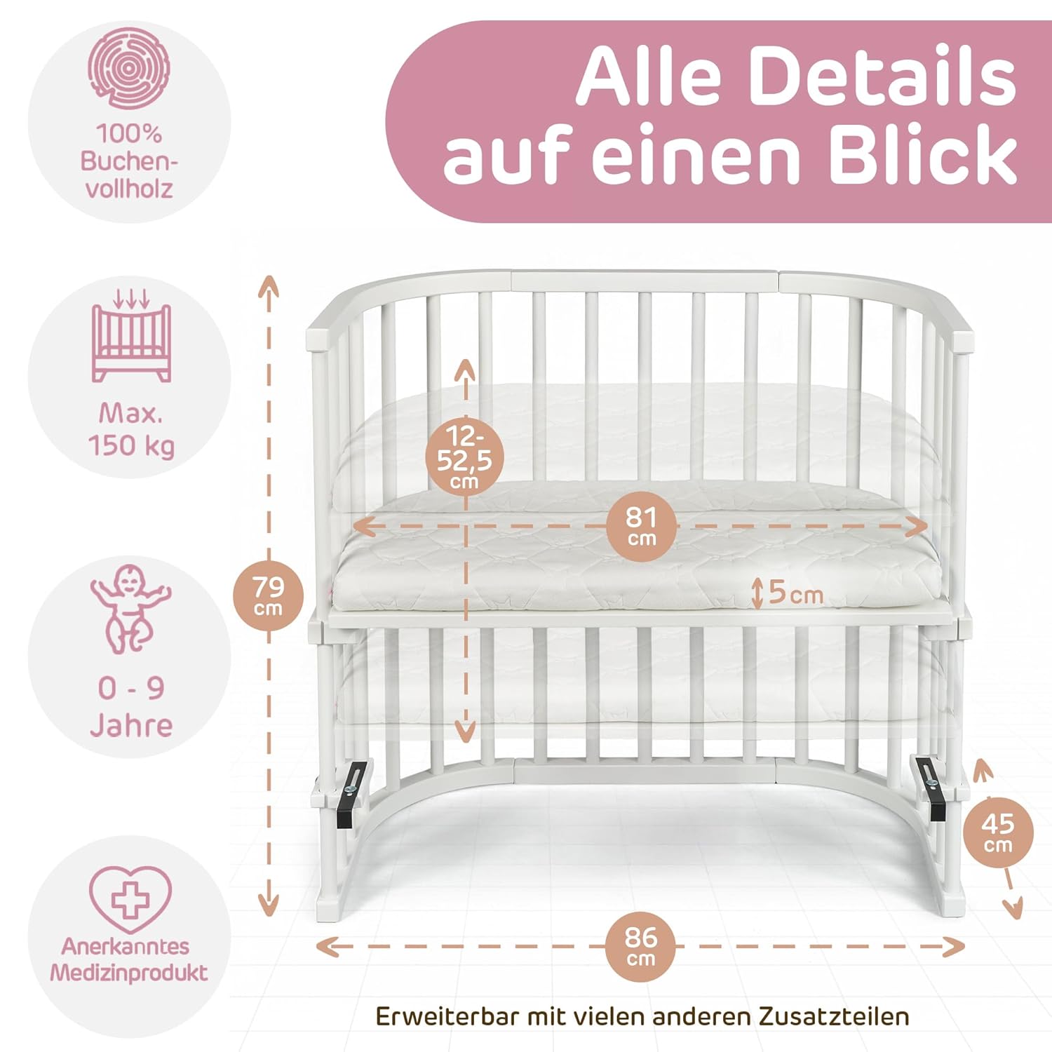 babybay Original Beistellbett aus massivem Buchenholz / kompakt & verwandelbar / Kinderbett Höhe stufenlos verstellbar & umweltfreundlich / mitwachsendes Babybett (weiß lackiert) / inkl. Matratze