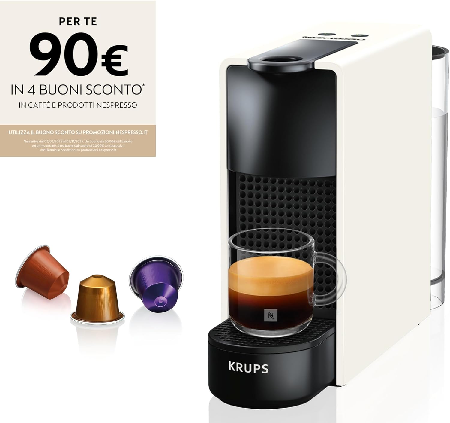 Krups Nespresso Essenza Mini XN1101, Coffee Machine, Nespresso Capsule System, Water Tank 0.6L, White