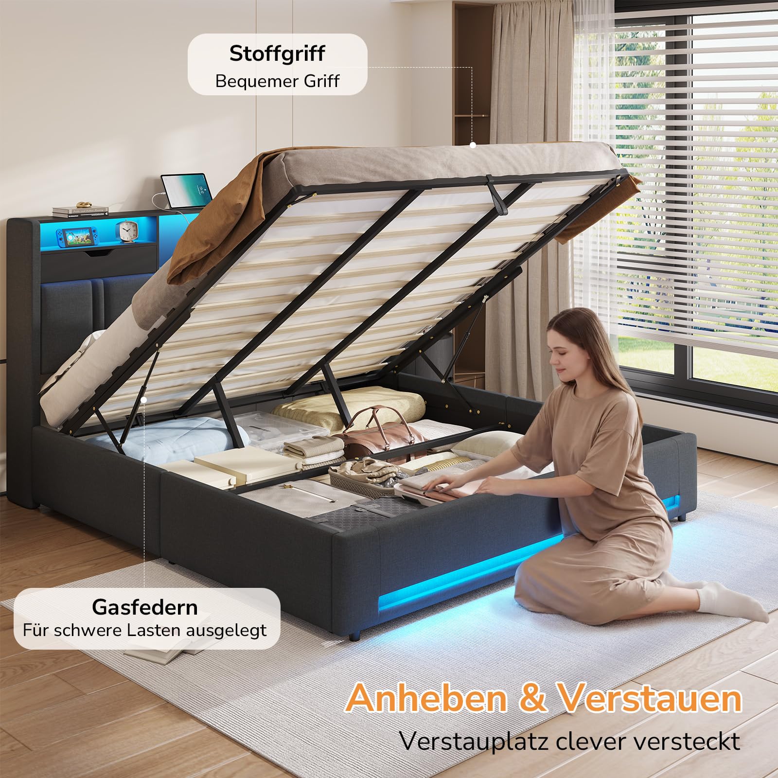 Polsterbett 180x200 cm mit LED-Beleuchtung, Bettkasten und USB-C-Ladestation inkl. Lattenrost