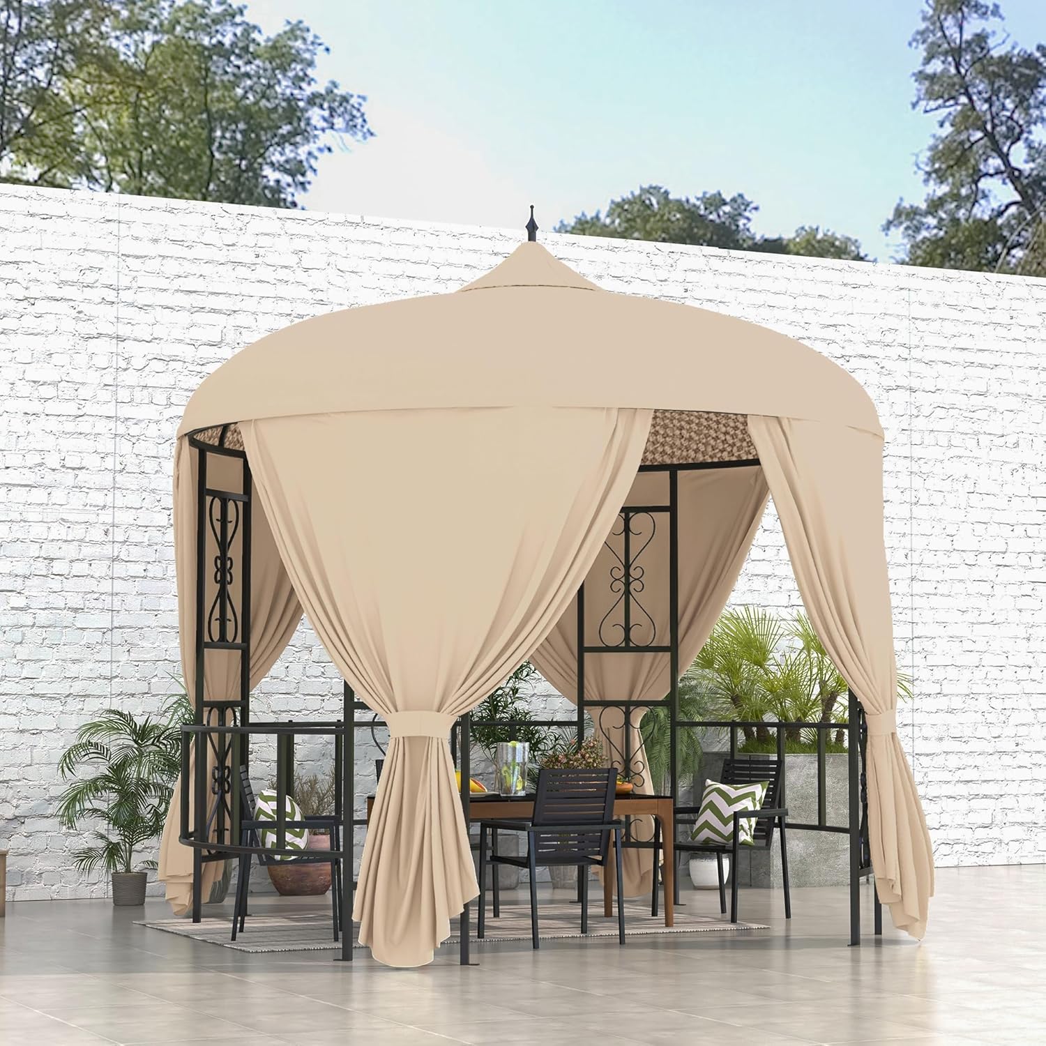 Outsunny Round Garden Gazebo Diameter 3 m, Outdoor Gazebo with Curtains and Air Vents in Metal and Polyester, Beige