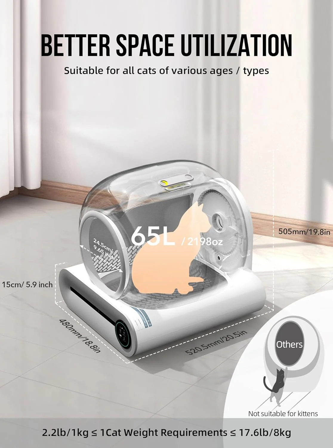 Selbstreinigende Katzentoilette, Automatische Katzentoilette mit Matte und Einlagen, 65 l + 9 l gro?e Kapazit?t, Selbstreinigende Katzentoilette, App-Steuerung/Geeignet f��r mehrere Katzen �C Grau