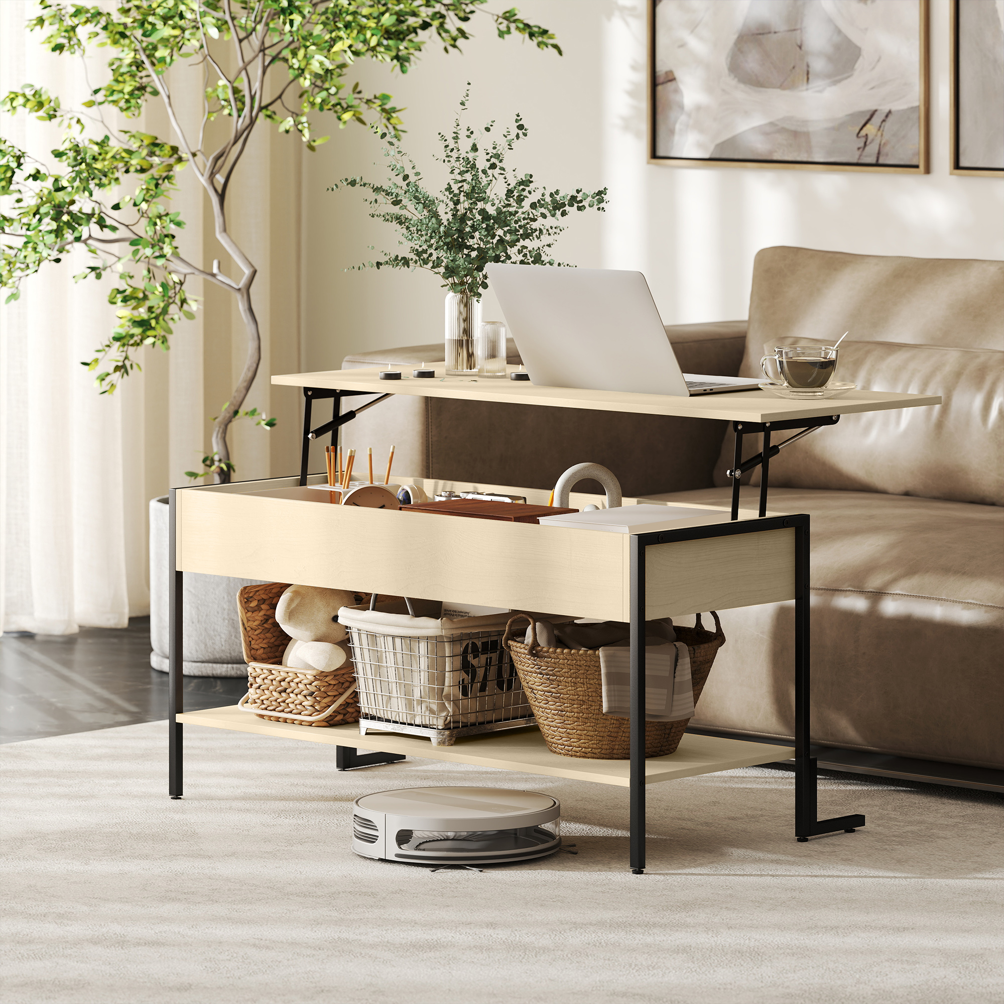 HOMCOM Couchtisch mit höhenverstellbarer Platte, Wohnzimmertisch mit verstecktem Fach und offenem Regal, 95x40x59cm, Naturholz