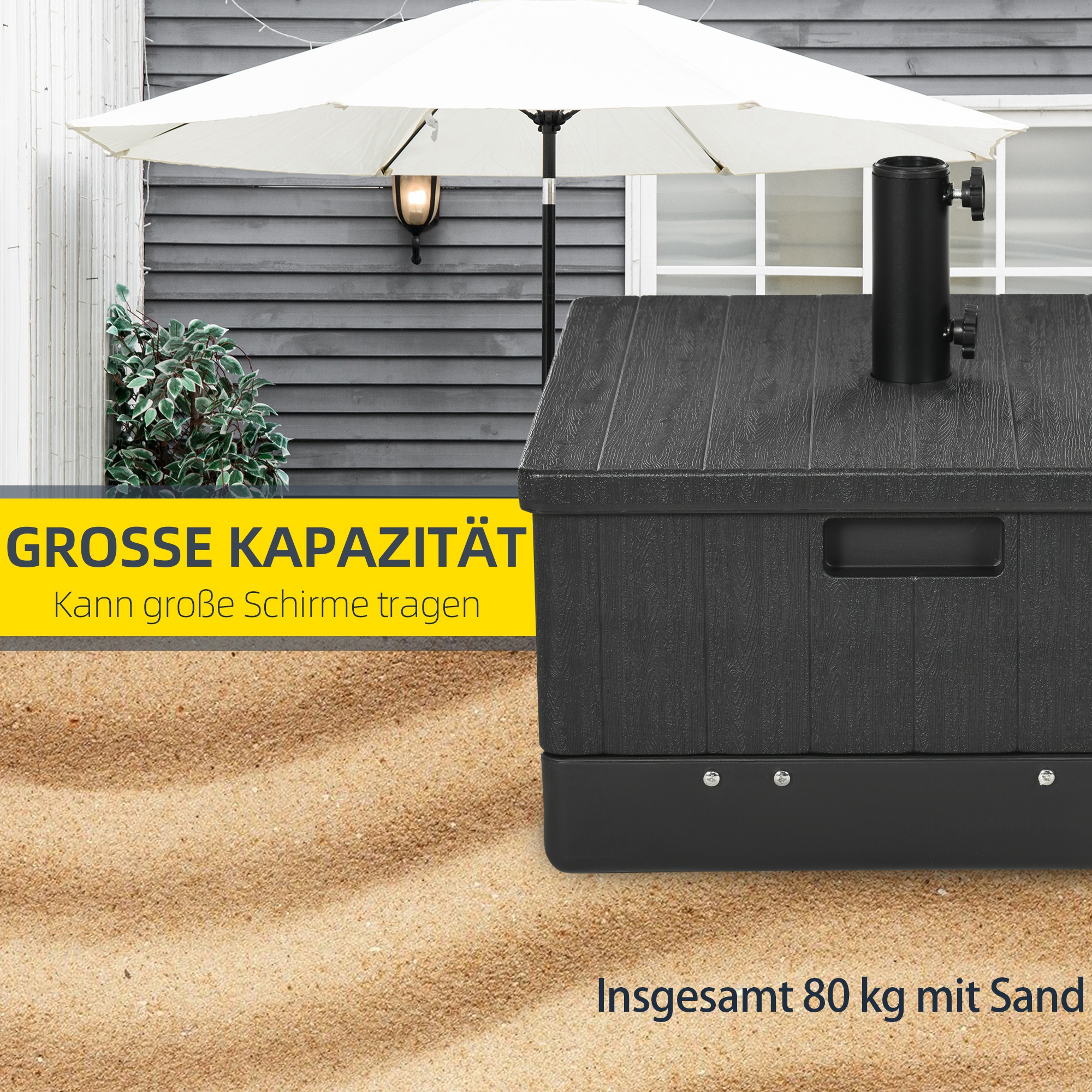 Outsunny 3-in-1 Parasolvoet, Bijzettafel, Bloembak, tot 80 kg zand, weerbestendig, Zwart