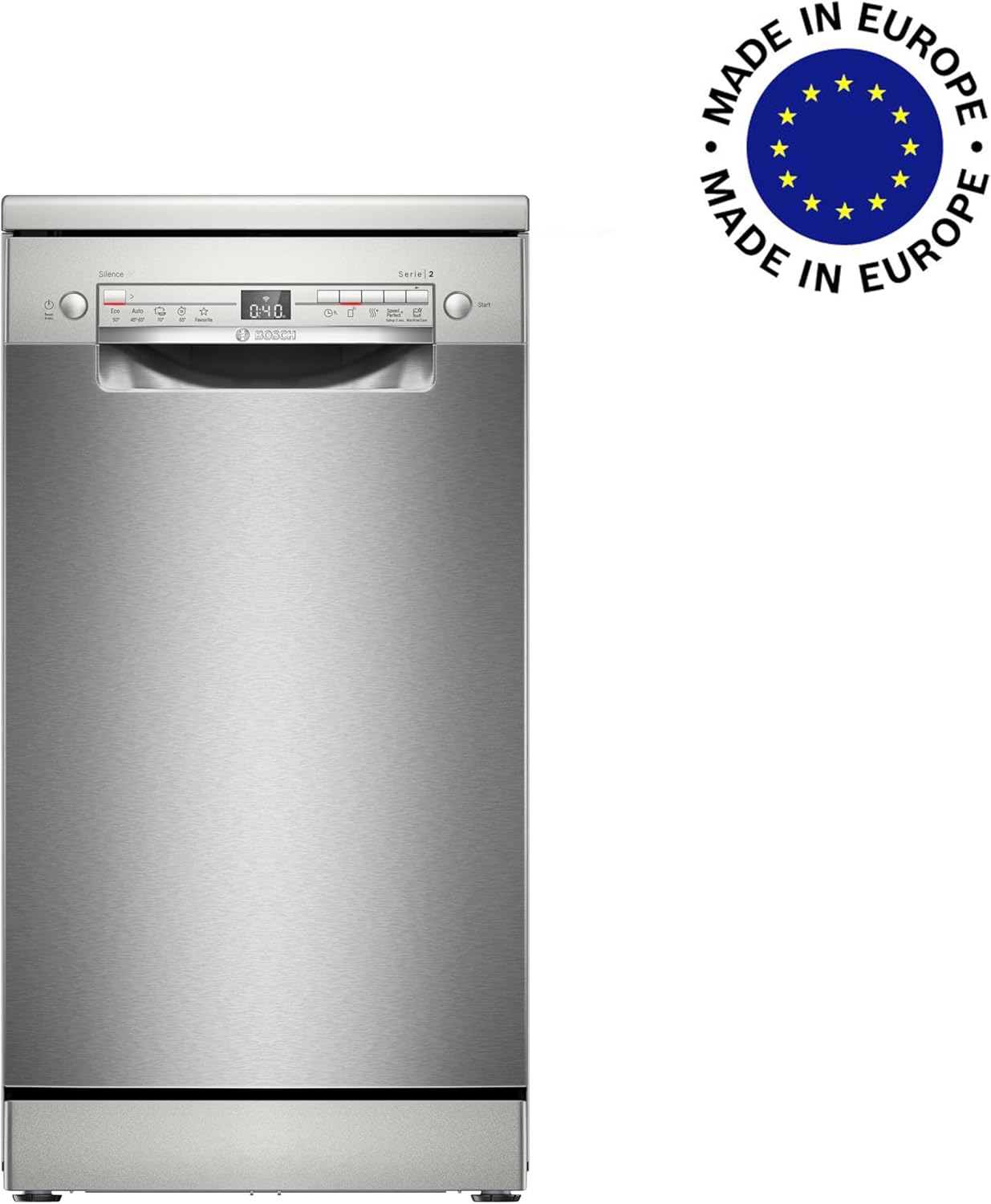 Bosch SPS2HKI42E, Serie 2, Smarter Geschirrspüler Freistehend, 45 cm breit, Silver Inox, Besteckkorb, extra Trocknung auf Knopfdruck, leiser und effizienter Motor, anti Fingerprint, mit aquaStop