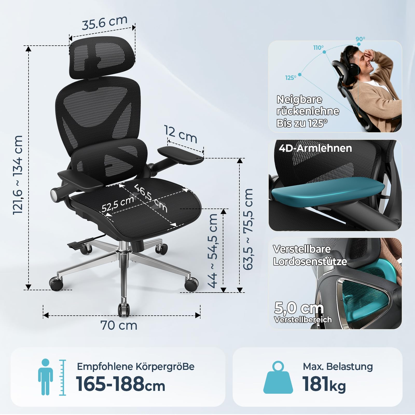 Ergonomischer Bürostuhl mit Netzstoff, hoher Rückenlehne und 3D-Kopfstütze, bis 159 kg, mit 4D-Klapparmlehnen und PU-Rollen