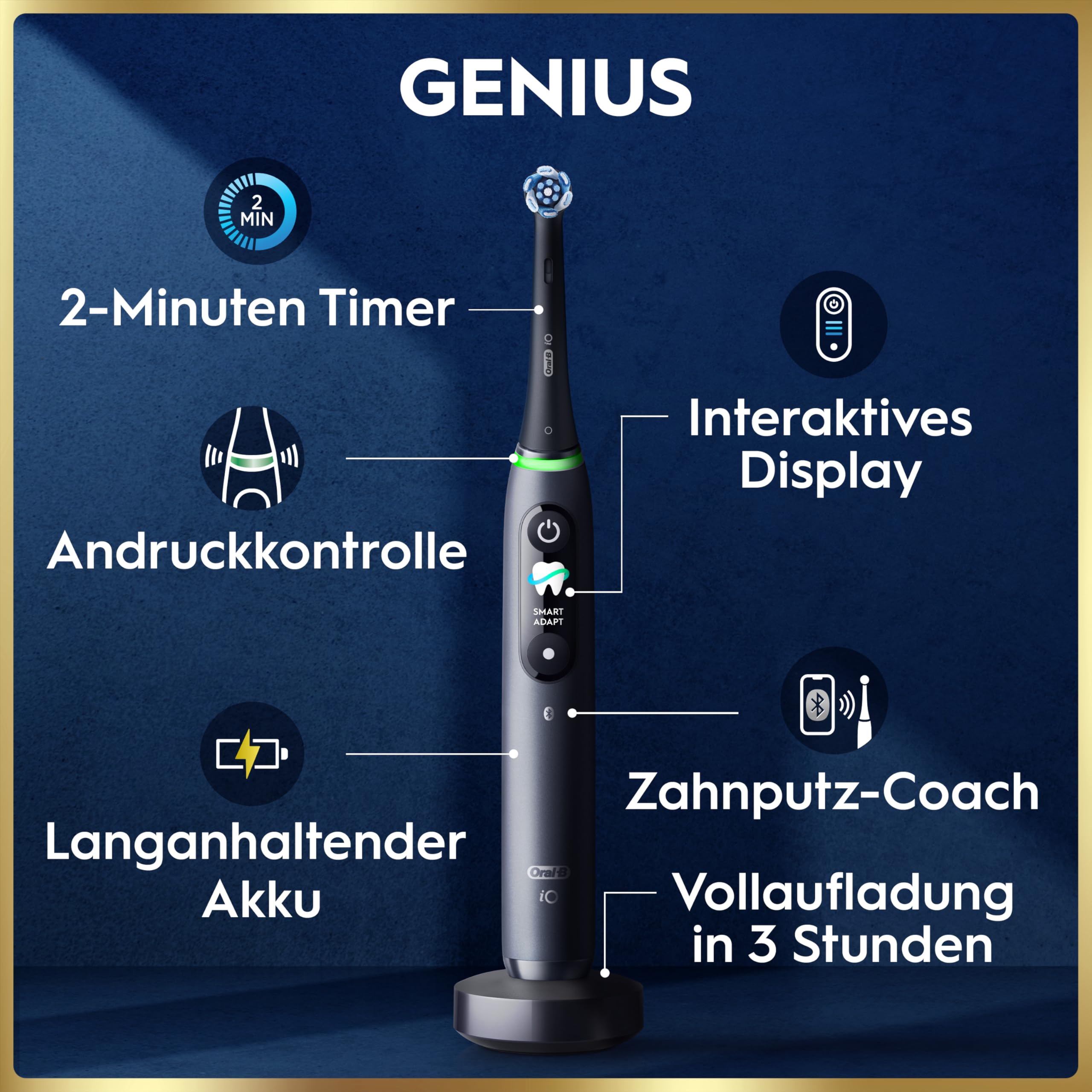 Elektrische Zahnbürste iO Series 9 mit 3 Aufsteckbürsten, 7 Putzmodi, magnetischer Schnellladestation und Reise-Etui, Black Onyx