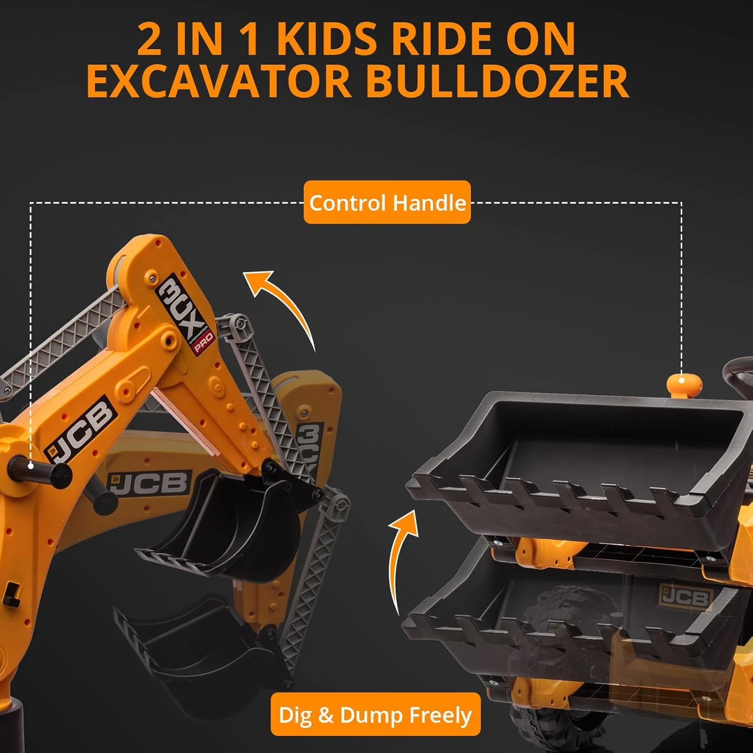 4-in-1 elektrische graafmachine en bulldozer, 12V elektrische kinderauto's met afstandsbediening, voorlader, graafmachine, claxon, EVA-banden, geel