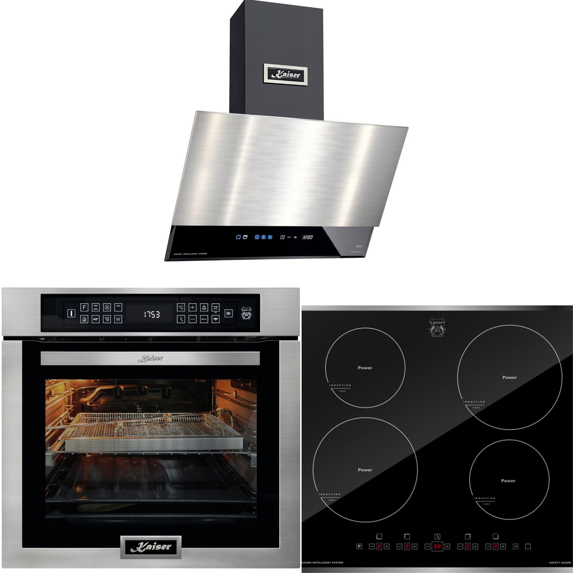 Backofen-Set Herd Set Autark Elektrobackofen,Edelstahl,86 L 15 Fkt., LED-Display mit Induktionskochfeld 60 cm, Autark,Facettenschliff, Kochfeld 4xQickHeat Kochzonen+Dunstabzugshaube 60 cm, Edelstahl,Schwarz Glas, 1250 m³/h EH 6306 N R+ KCT 6105 FI+AT