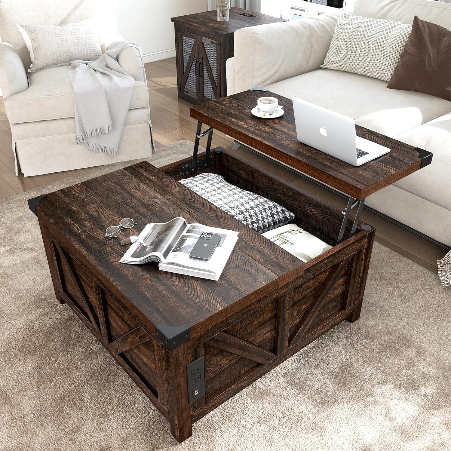 Farmhouse Lift Top Coffee Table with Storage Wood Square Center Table