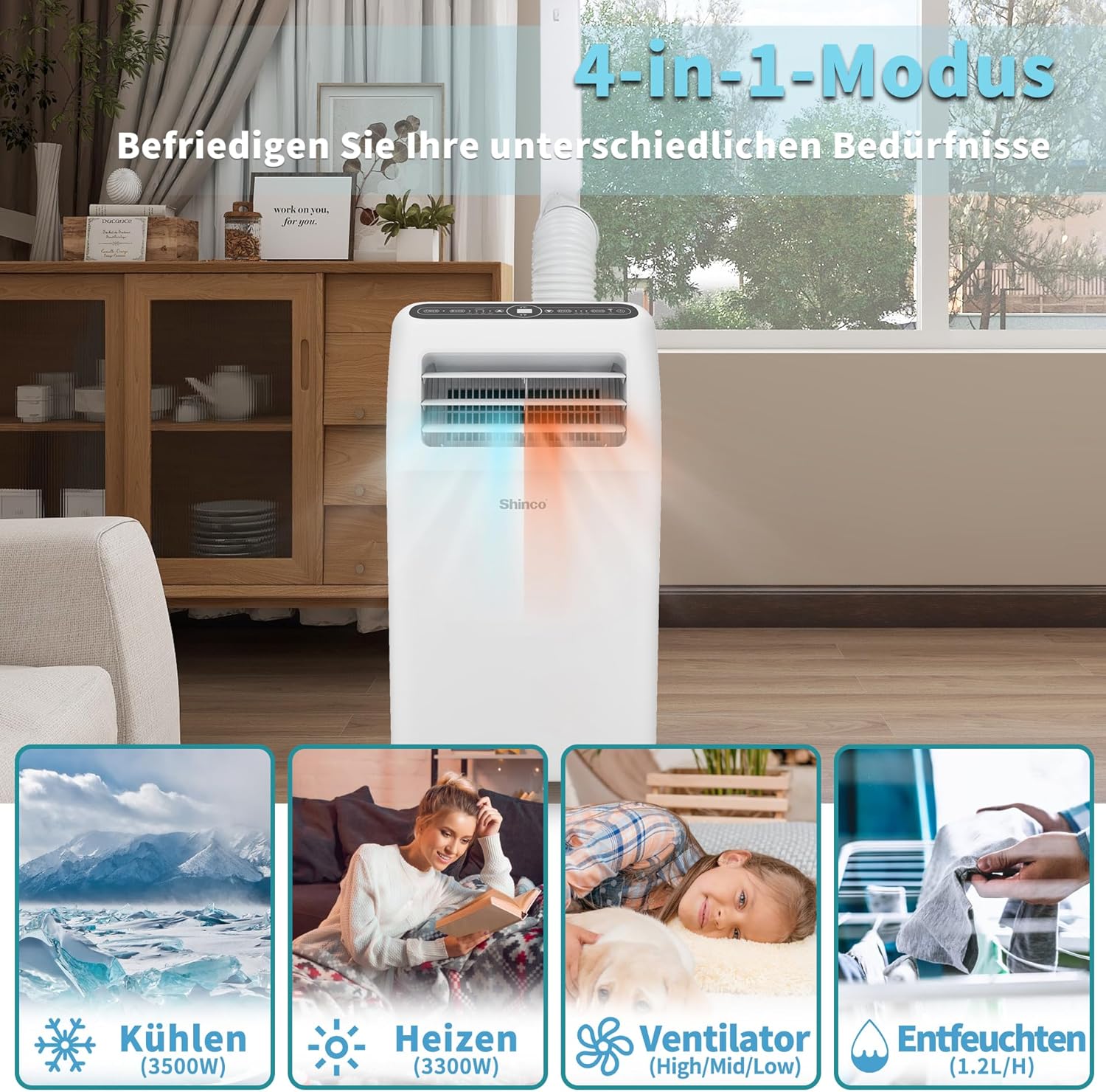 SHINCO Mobile Klimaanlage mit Abluftschlauch, 9000BTU, 2,6 kW, Kühlen&Ventilieren&Entfeuchten, Mobiles Klimagert mit Schlafmodus, Raumgre bis 22㎡, 24-Stunden-Timer