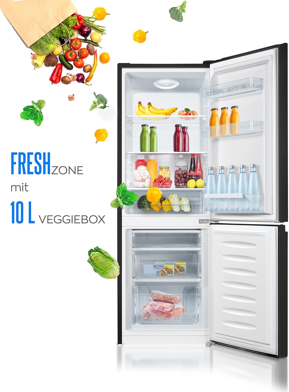 Heinrichs Fridge Freezer Combination 175 Litres, Cooling Volume 122 L, Freezer 53 L, LED Interior Lighting, Fridge Door Hinge, Changeable, Quiet 39 dB, Large Freezer Boxes, 7 Temperature Levels, inox