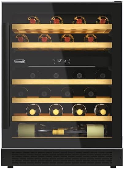 De'Longhi CA6DZ6G Cantinetta Refrigerata Vino, Da Incasso, Sotto Top, 134 Litri, 39 dB(A) 8 Ripiani In Legno, Controllo Temperatura, Luce Interna, Porta Reversibile, Colore Nero, Classe Energetica F