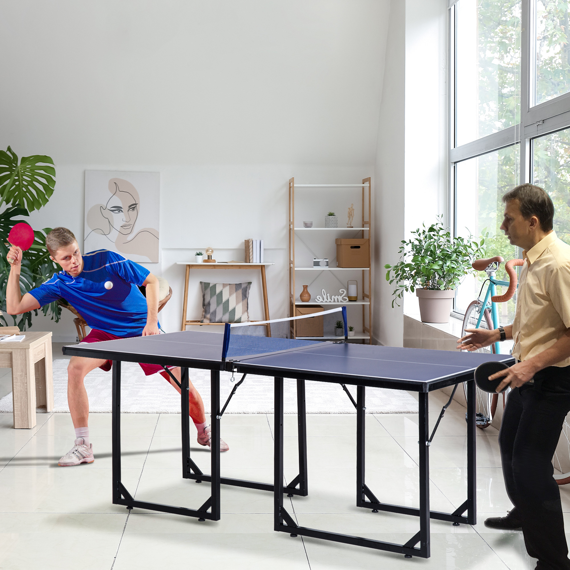 HOMCOM Tischtennistisch, Ping-Pong-Tisch mit Netz, verwandelbar in 2 Tische, klappbare Beine, 182 x 91 x 76 cm blau