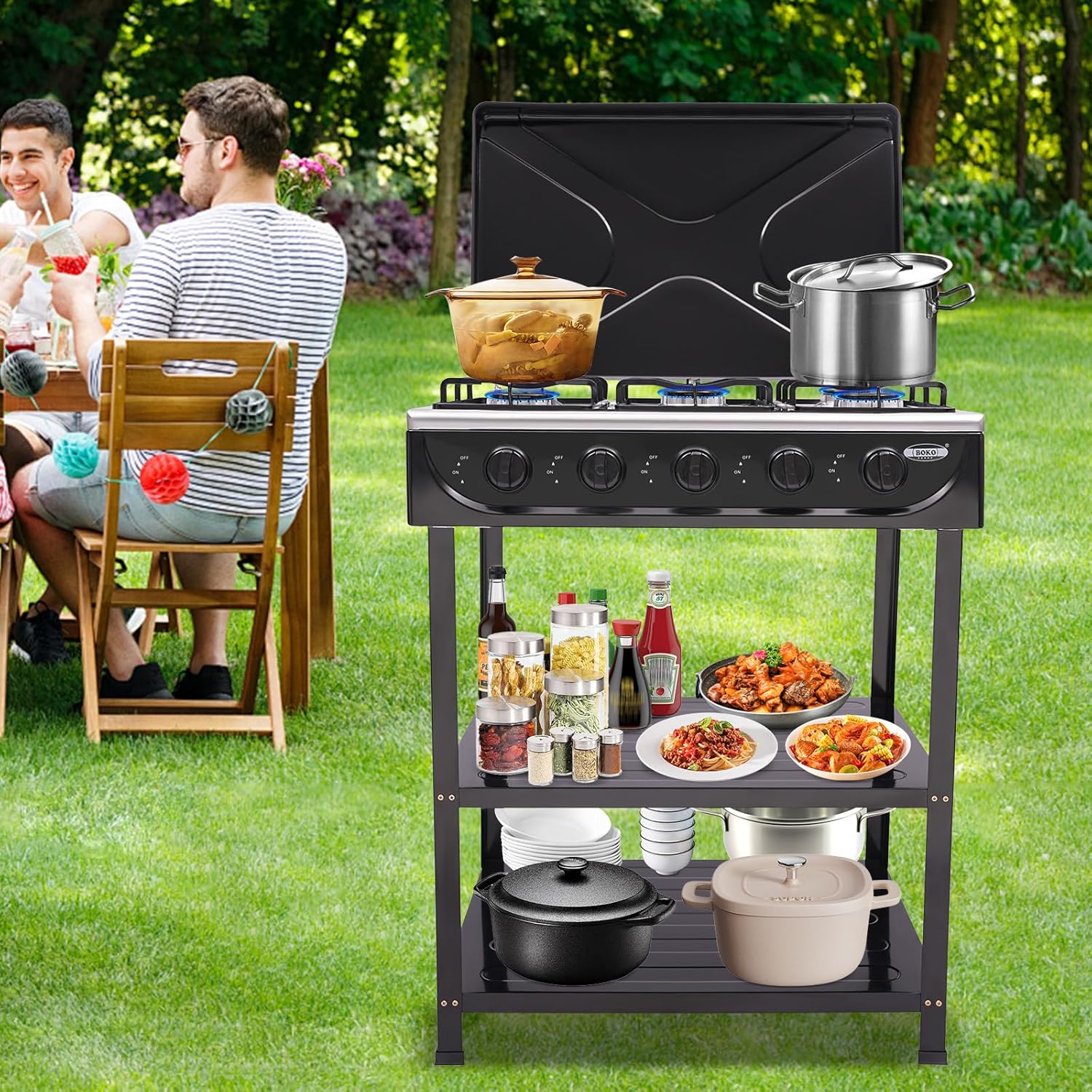 HarBin-Star Piano Cottura a Gas 5 Fuochi con Supporto Antiscivolo, Carrello per Barbecue con Coperchio, Fornello Indipendente da Campeggio, 61,5 x 42,5 x 82 cm (Nero)