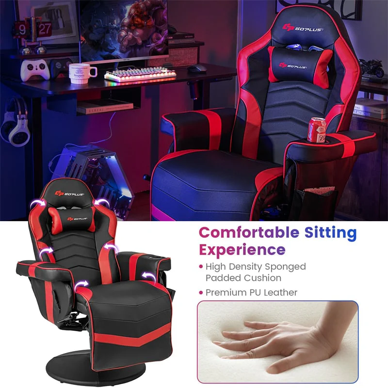 Ergonomic Gaming Recliner Chair with Massage, Retractable Footrest & Cup Holder, Height Adjustable Racing Style Swivel Video Game Chair