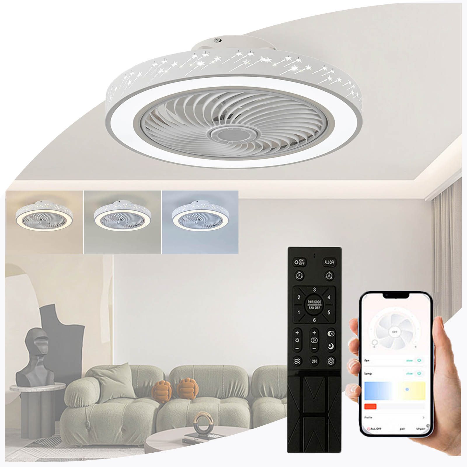 Deckenventilator Moderne Ventilatorbeleuchtung Dimmbar, 6 Windgeschwindigkeiten, Timer