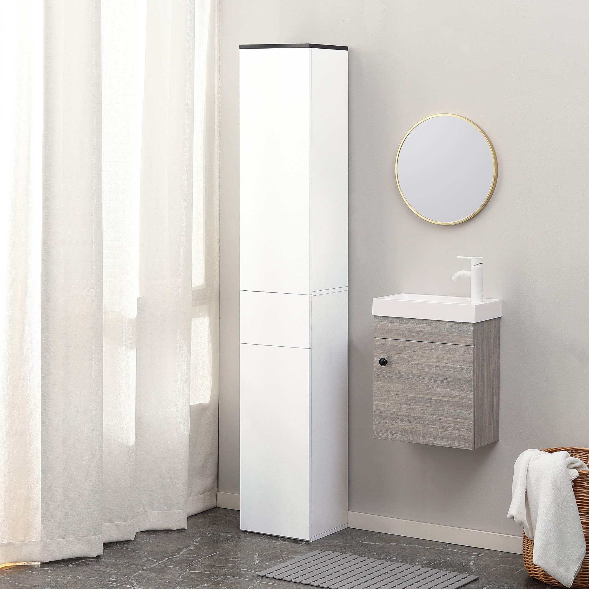 kleankin Badezimmerschrank mit verstellbarem Regal, 2 geschlossenen Regalen und einer Schublade aus Holz, 30x28x180 cm, Weiß