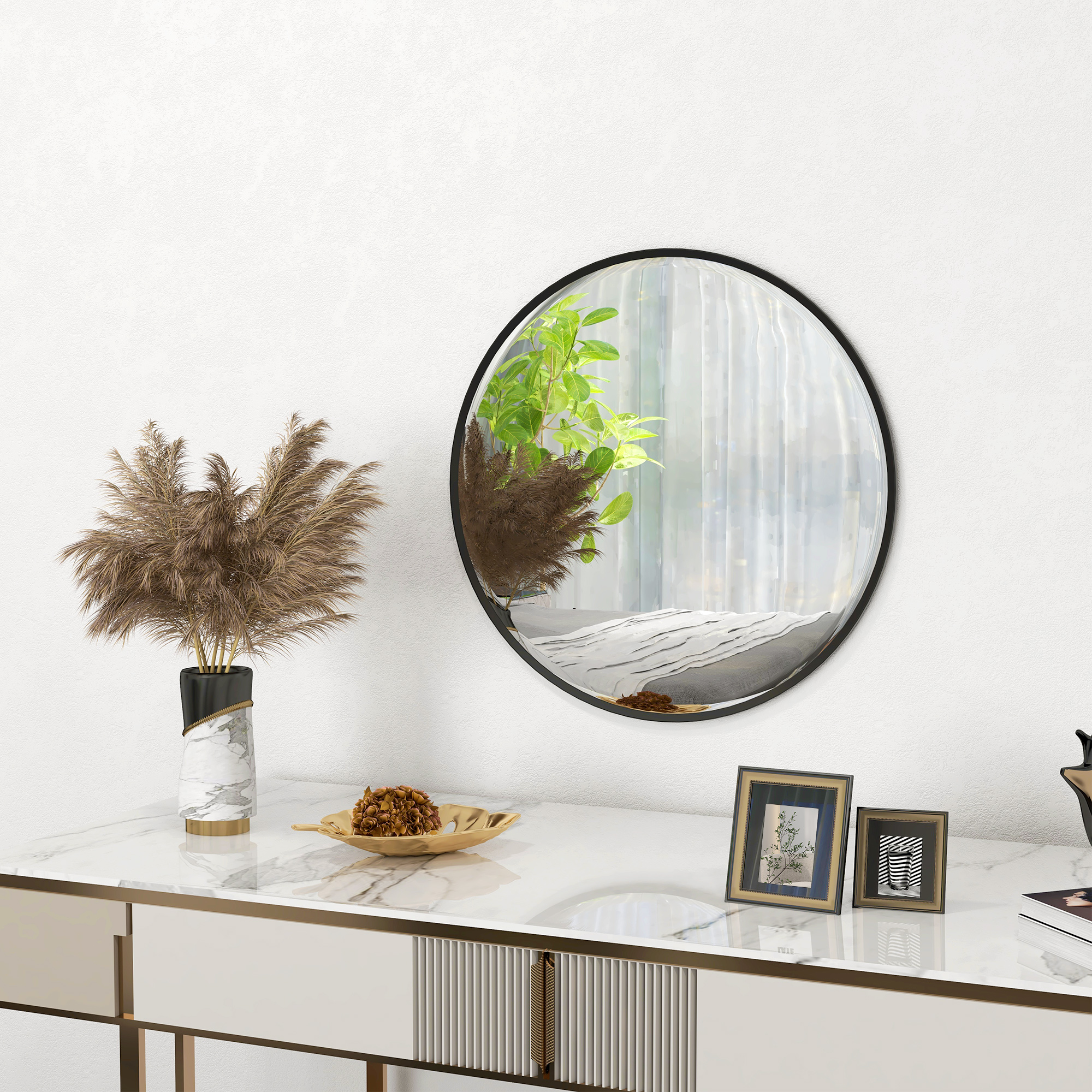 HOMCOM Wandspiegel, modernes Design, Φ61 cm, Schwarz
