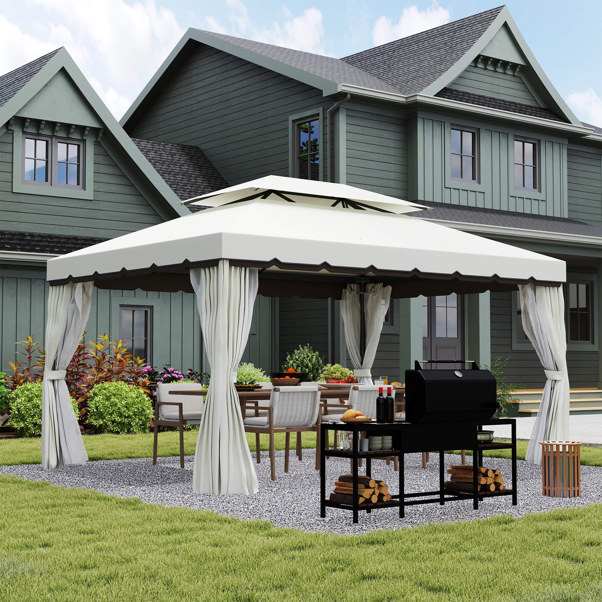Outsunny Gartenpavillon Pavillon mit Doppeldach, Seitenwänden und abnehmbaren Moskitonetzen 4 x 3 m, Creme