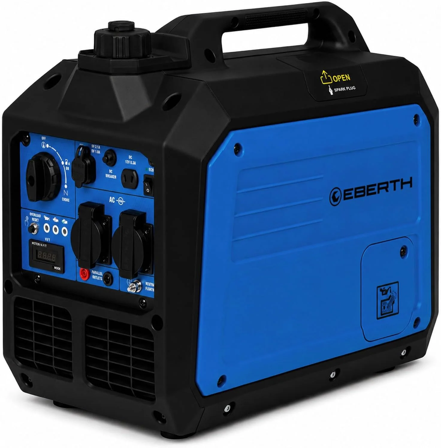 EBERTH 3500 Watt Inverter Stromerzeuger leise, Stromgenerator 2x 230V Schuko, 4-Takt, 12V und USB Anschluss, Notstromaggregat Benzinmotor, ECO-Modus