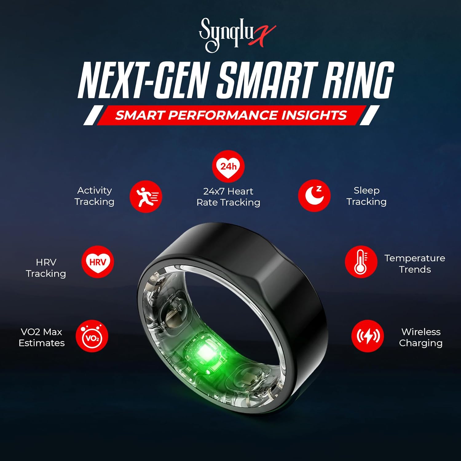 Smart Titanium Ring (Schwarz Größe 12) - Fitness & Schlaf-Tracking Ring mit Pulsmesser, Aktivitätstracker, 10-Tage-Akku, Kein Abonnement, Unisex