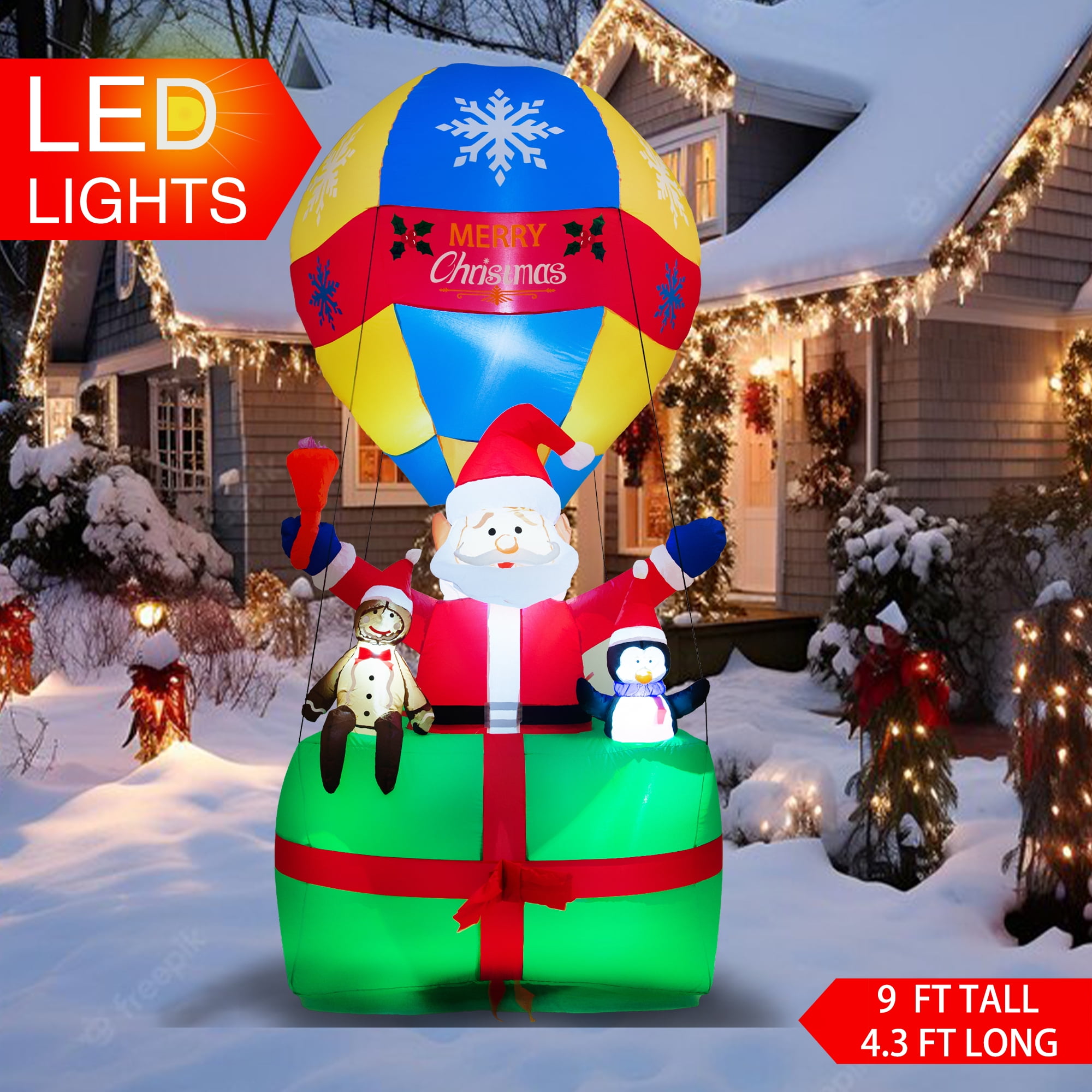 Yexmas 9FT Inflatable Santa Claus in Hot Air Balloon with LED Lights &ndash; Christmas Yard Decoration