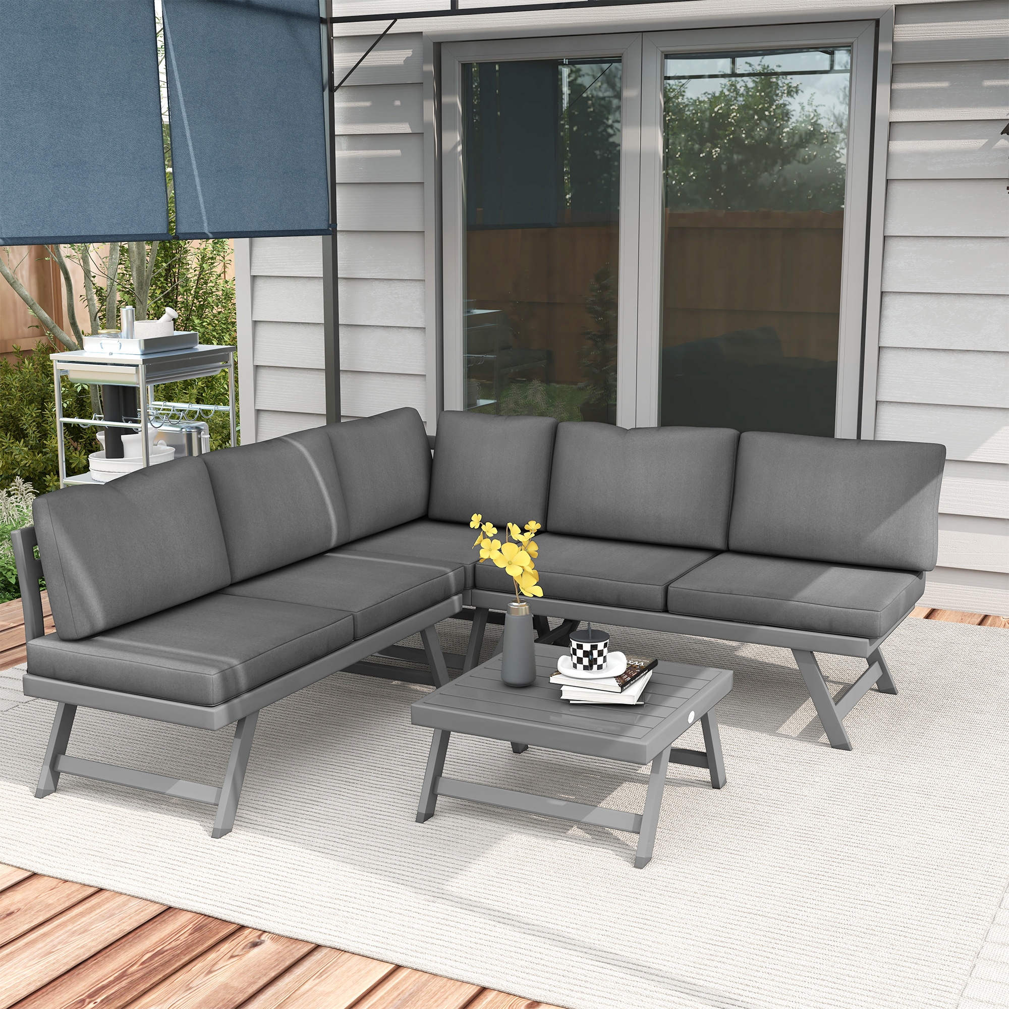 Outsunny Garten-Sitzgruppe Eck- und Convertible 4-teilig mit 2 Zweisitzer-Sofas, 1 Eckstuhl und 1 Couchtisch