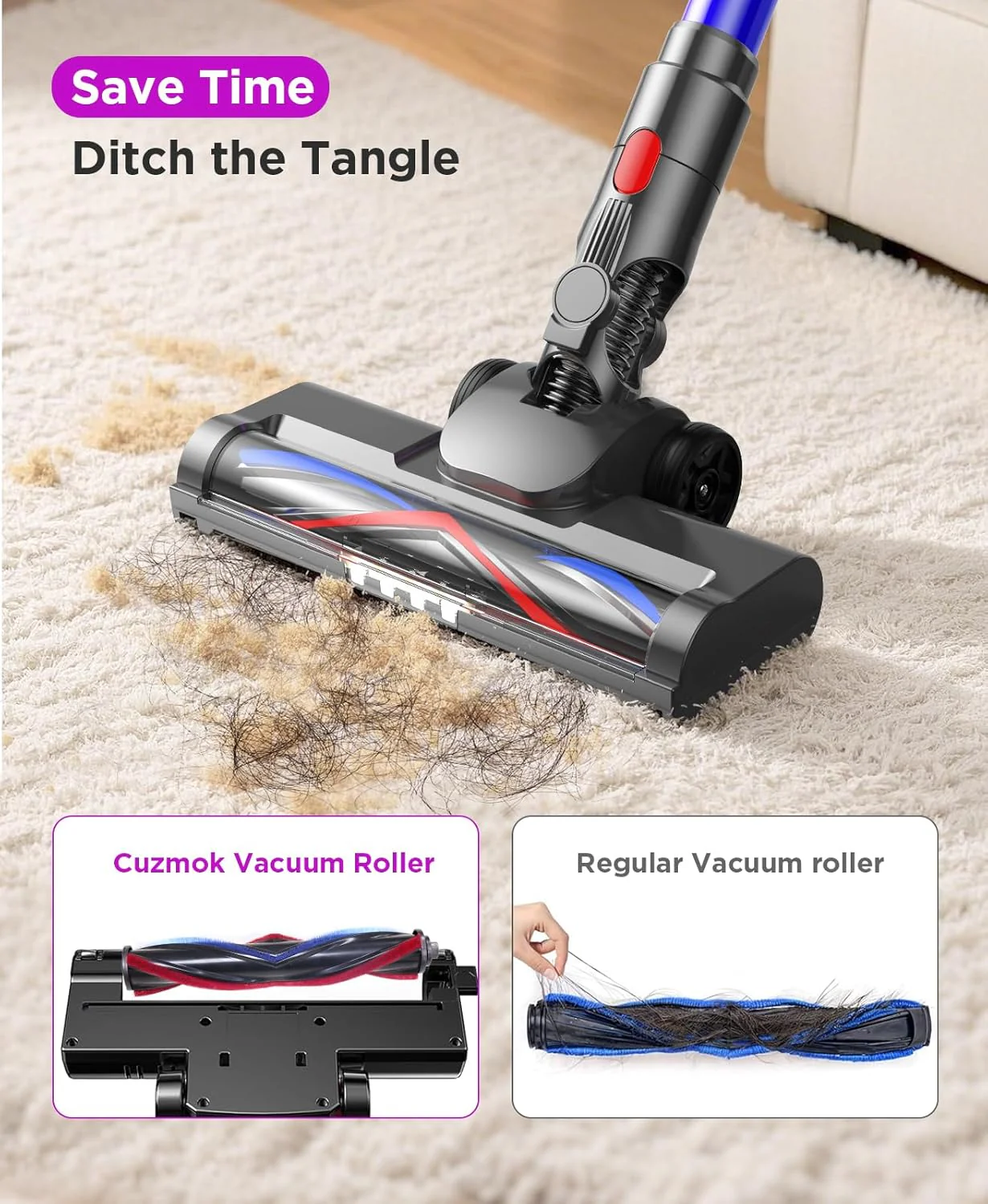 Cordless Stick Vacuum Cleaner: 550W Powerful Suction, LED Display, 55 Min Runtime, Anti-Tangle Brush, Rechargeable Battery, Lightweight for Home, Pet Hair, Hard Floors, Carpet