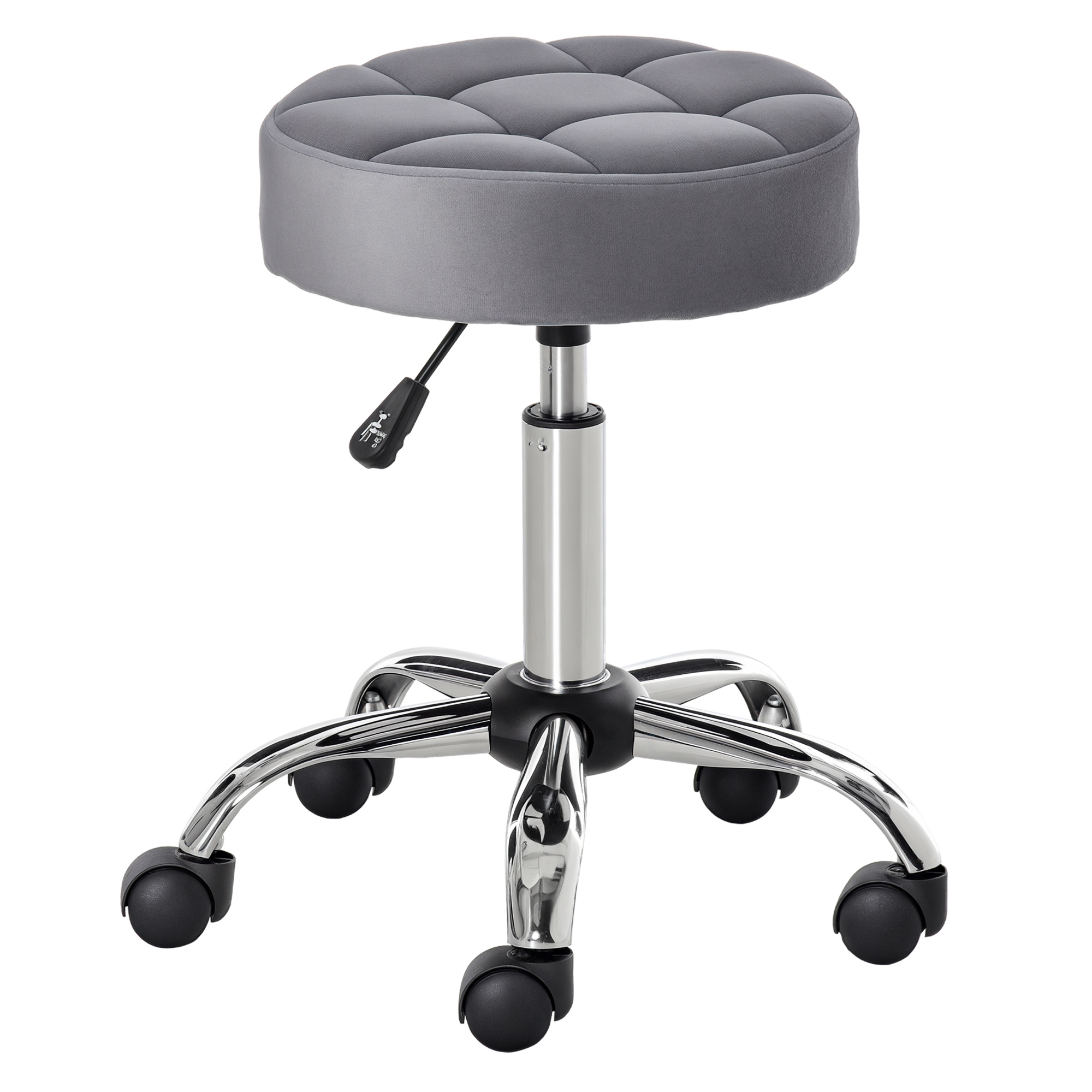 HOMCOM Salonstuhl mit Rädern Rollhocker höhenverstellbar drehbar Salon Hocker Samt-Touch Schaumstoff Chrom-Basis Hellgrau 35 x 35 x 49-61 cm