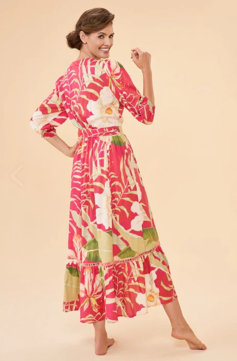 Powder Tropical Wrap Dress , Dark Rose
