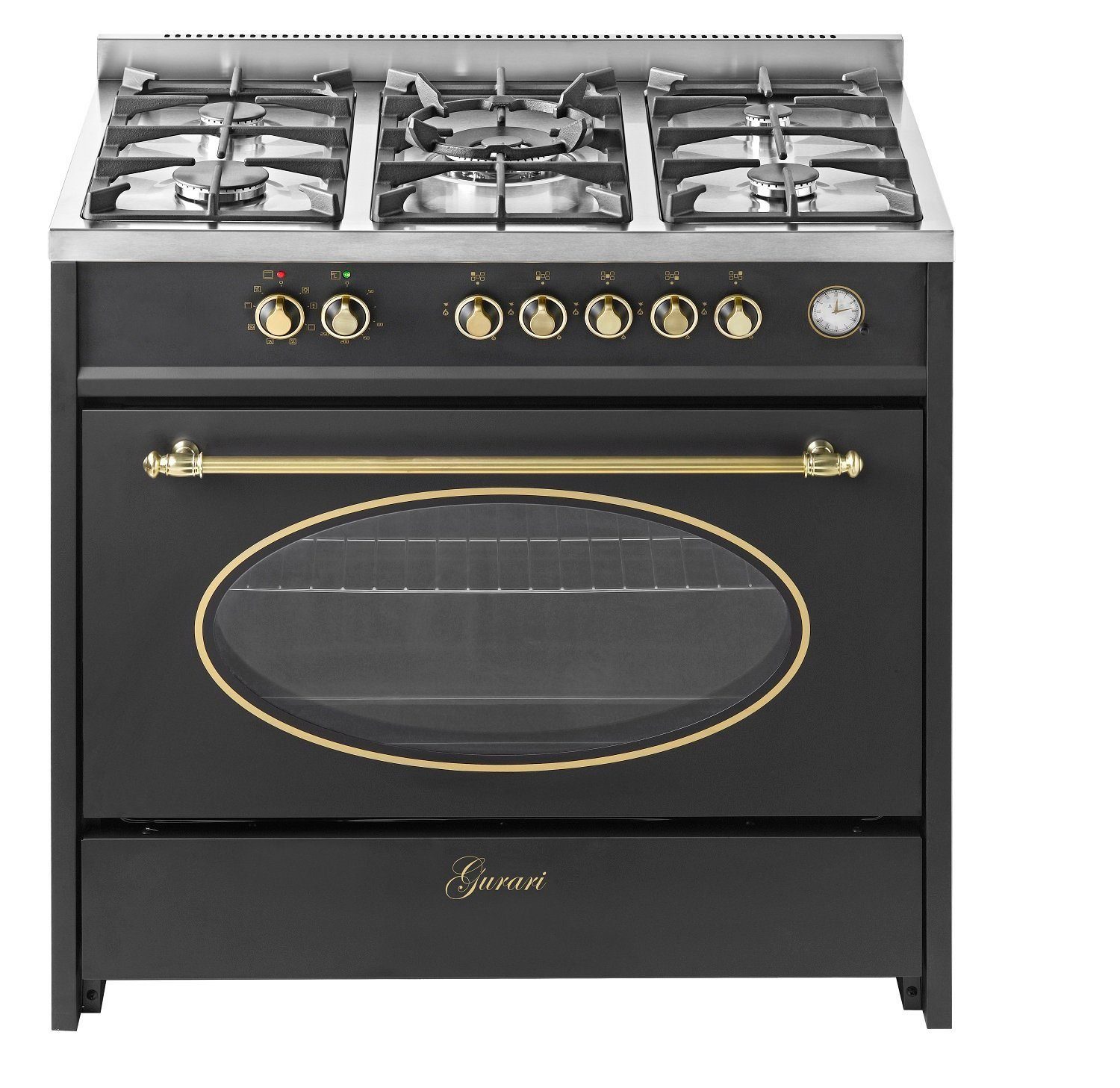 Gas-Standherd 90 cm Nostalgie Range Coocker 121L 8 Funktionen+Dunstabzugshaube 90 cm Schwarz Glas Wandhaube 1000m³/h GCH E 914 BL r+GCH S 155 BL 90 Prime/