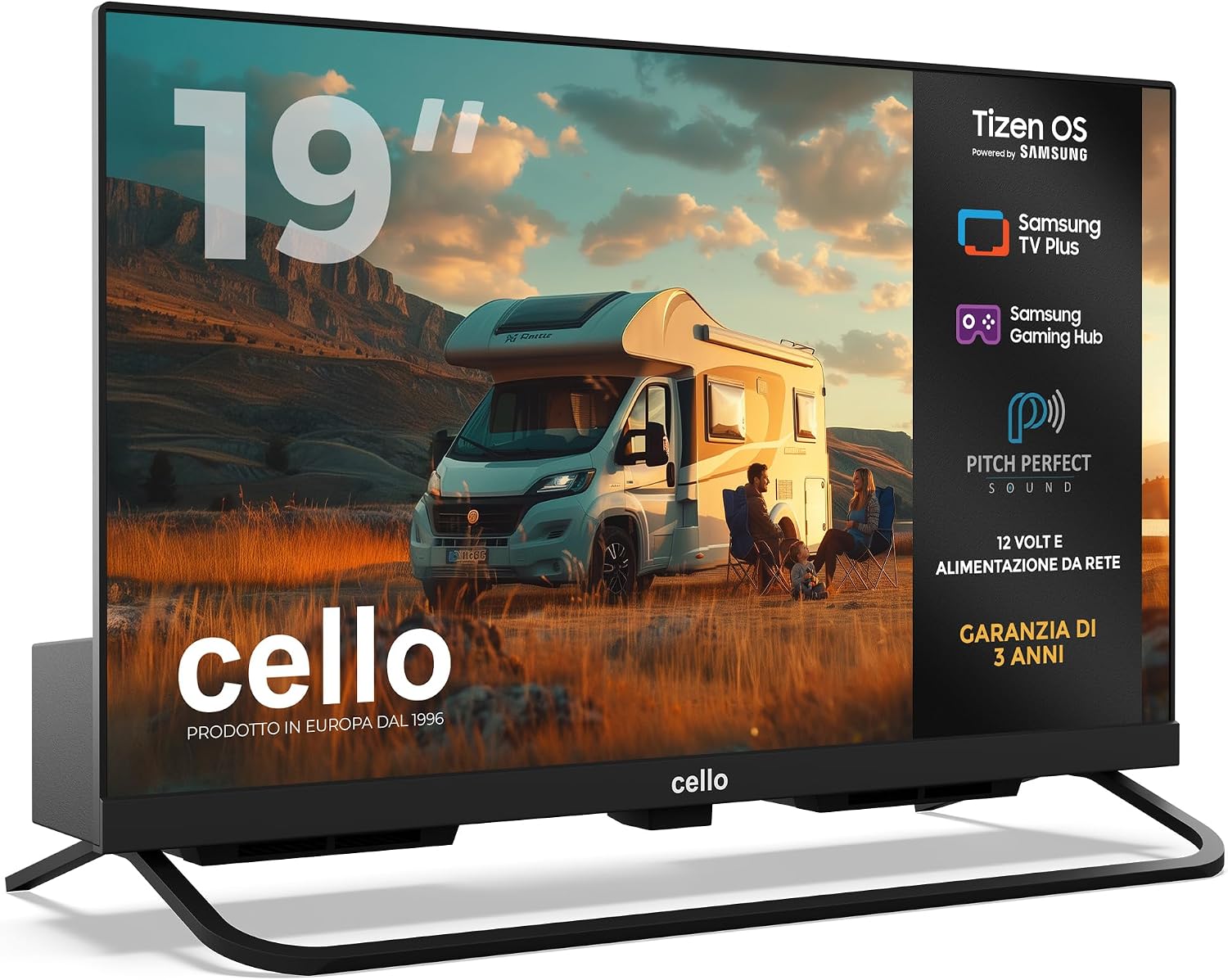 Cello CTRAV-19TZ Smart TV 19' 12V per camper e campeggio, Tizen OS di Samsung, Gaming Hub, altoparlanti Pitch Perfect, Bluetooth, triplo sintonizzatore