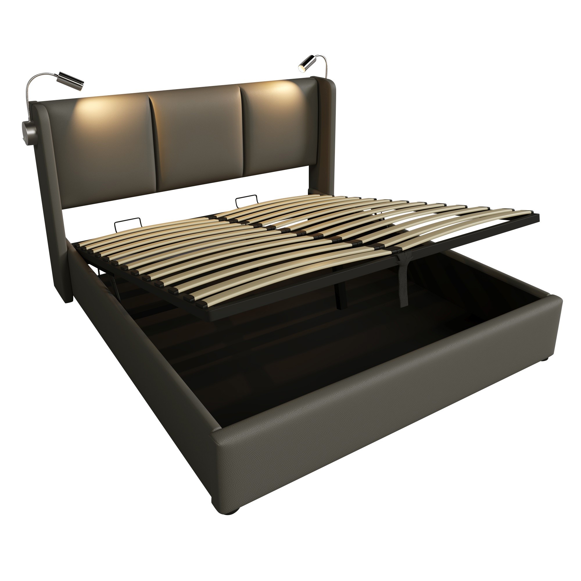 Bettgestell 140x200 – Doppelbett mit Stauraum, LED-Lampe und USB-Anschluss fürs Wohnzimmer, robust, gepolstertes Kopfteil, grau