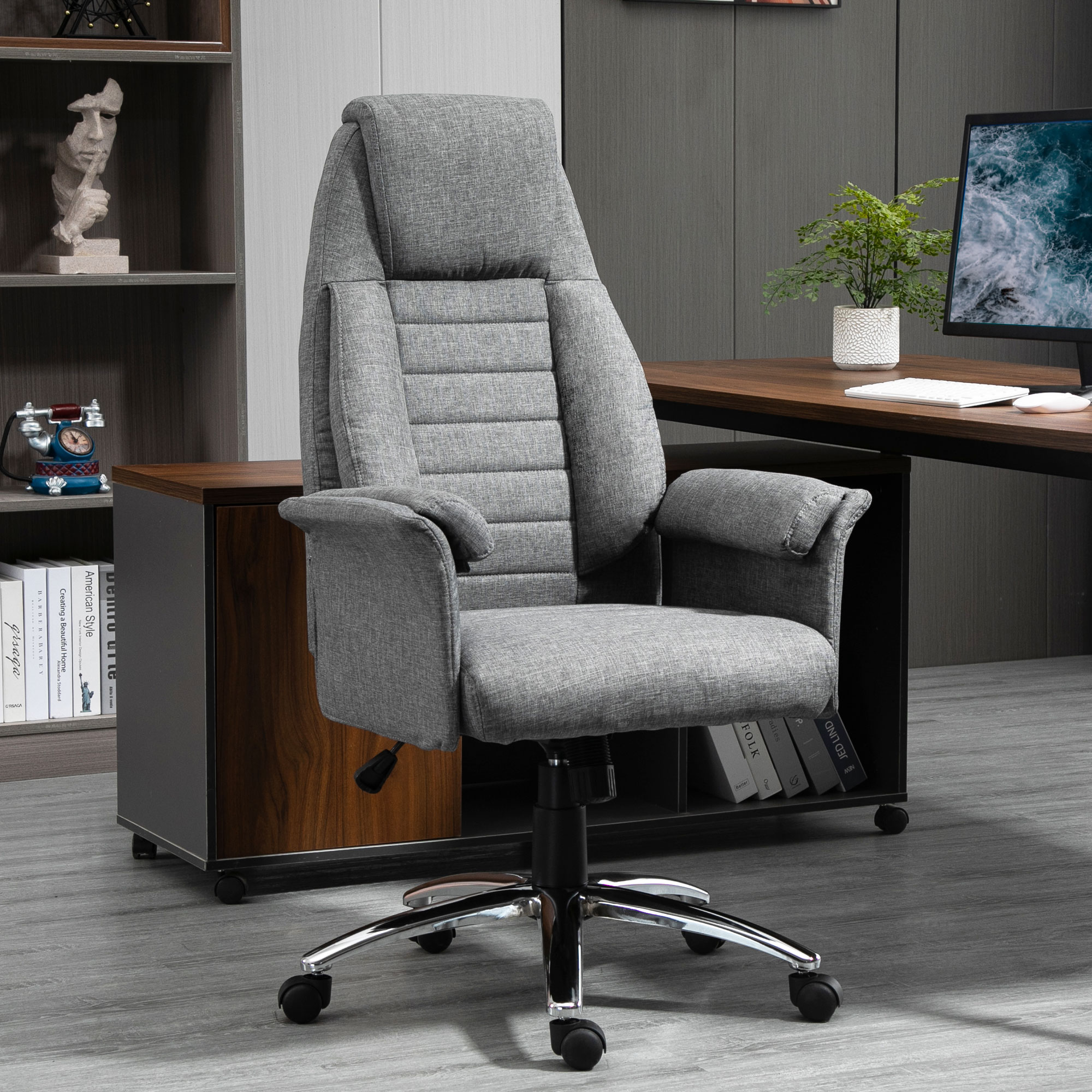 HOMCOM Chefsessel, höhenverstellbar, 5 Rollen, ergonomische Form, 68 cm x 69 cm x 126 cm, Grau