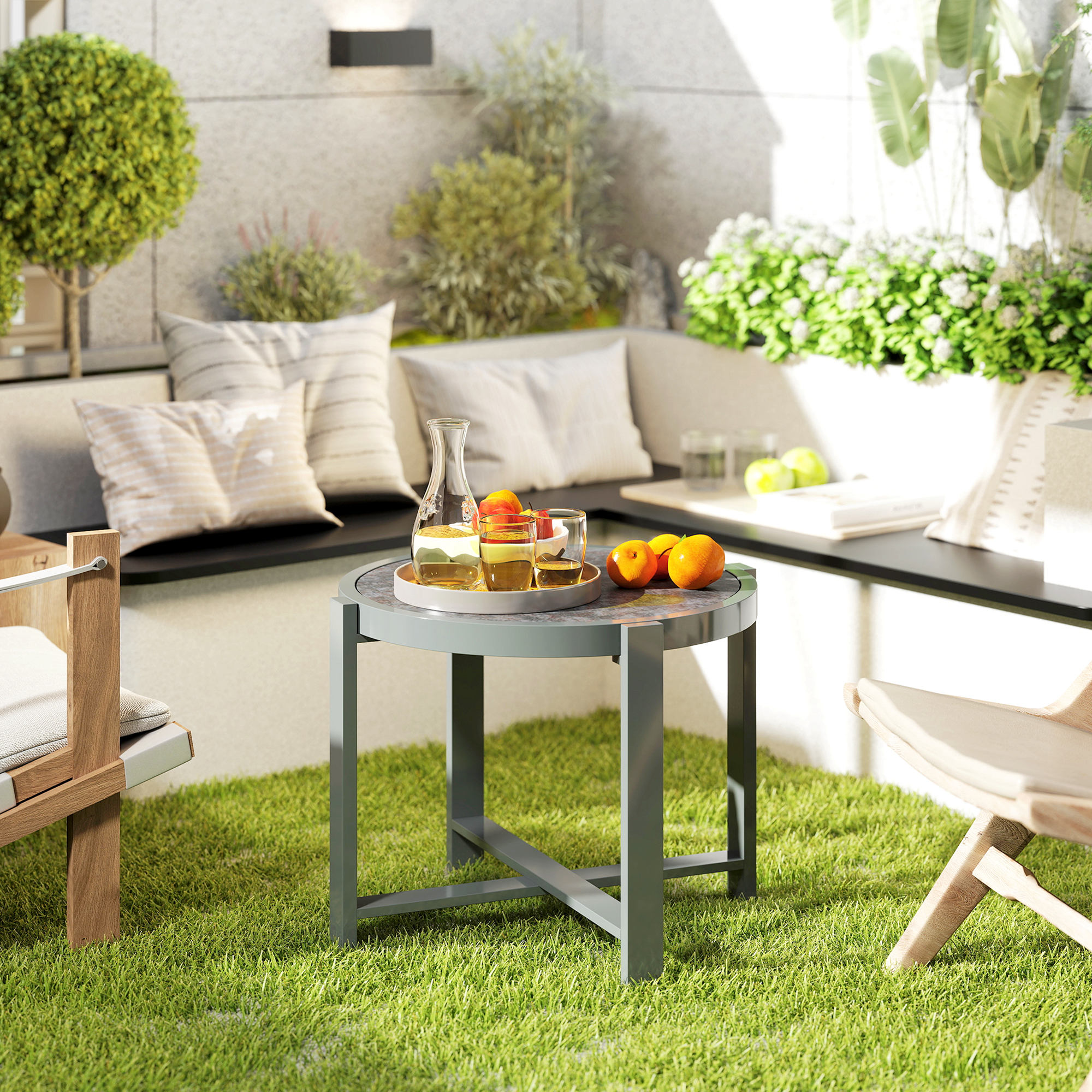 Outsunny Beistelltisch Gartentisch Rund wetterfest Aluminium Balkontisch mit Marmoroptik Grau