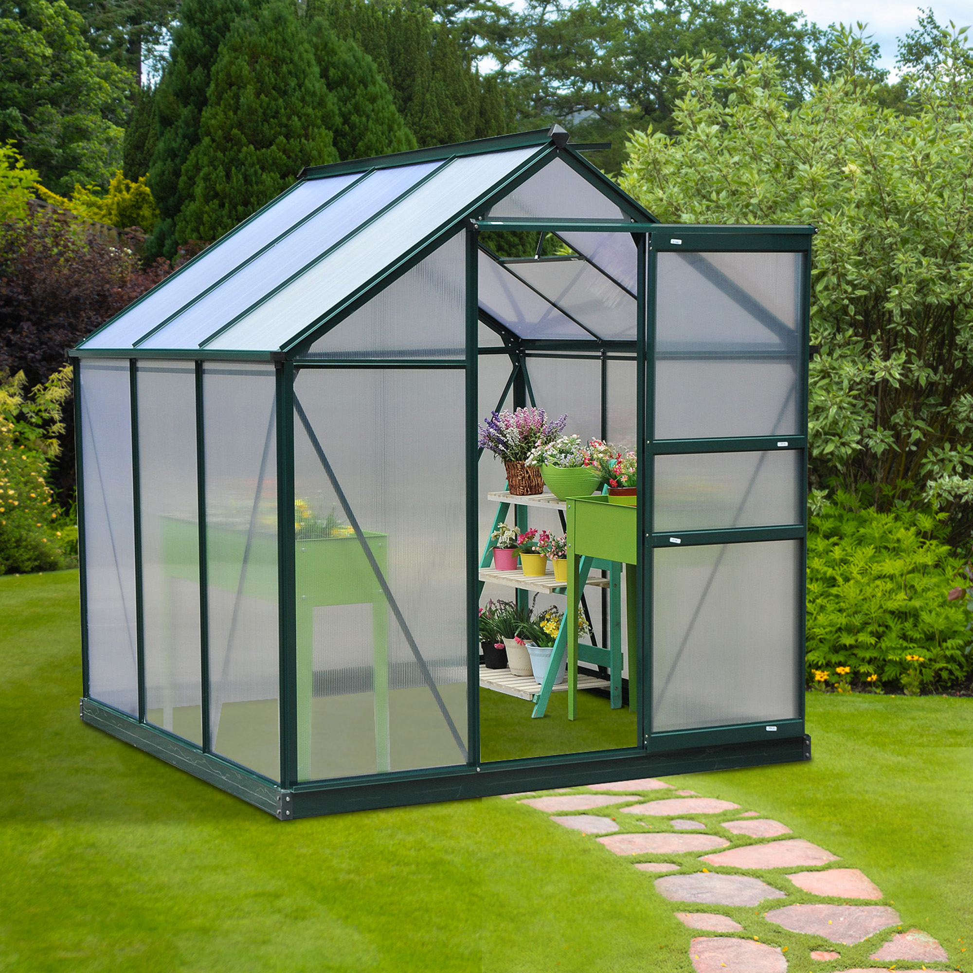 Outsunny aluminium kas met dakraam deur 190 x 192 x 201 cm, groen + transparant
