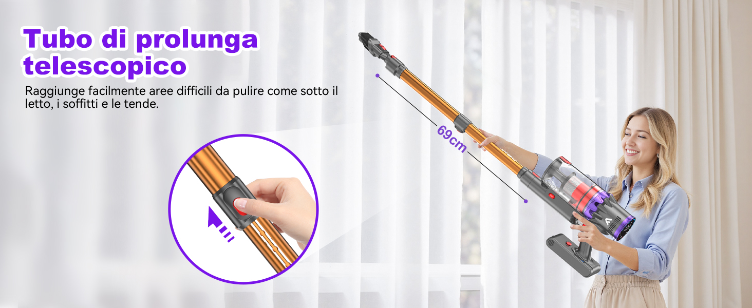 Il testo recita ?Tubo di prolunga telescopico?. Asta per selfie telescopica regolabile o asta di estensione mostrata in più posizioni con supporto per smartphone.