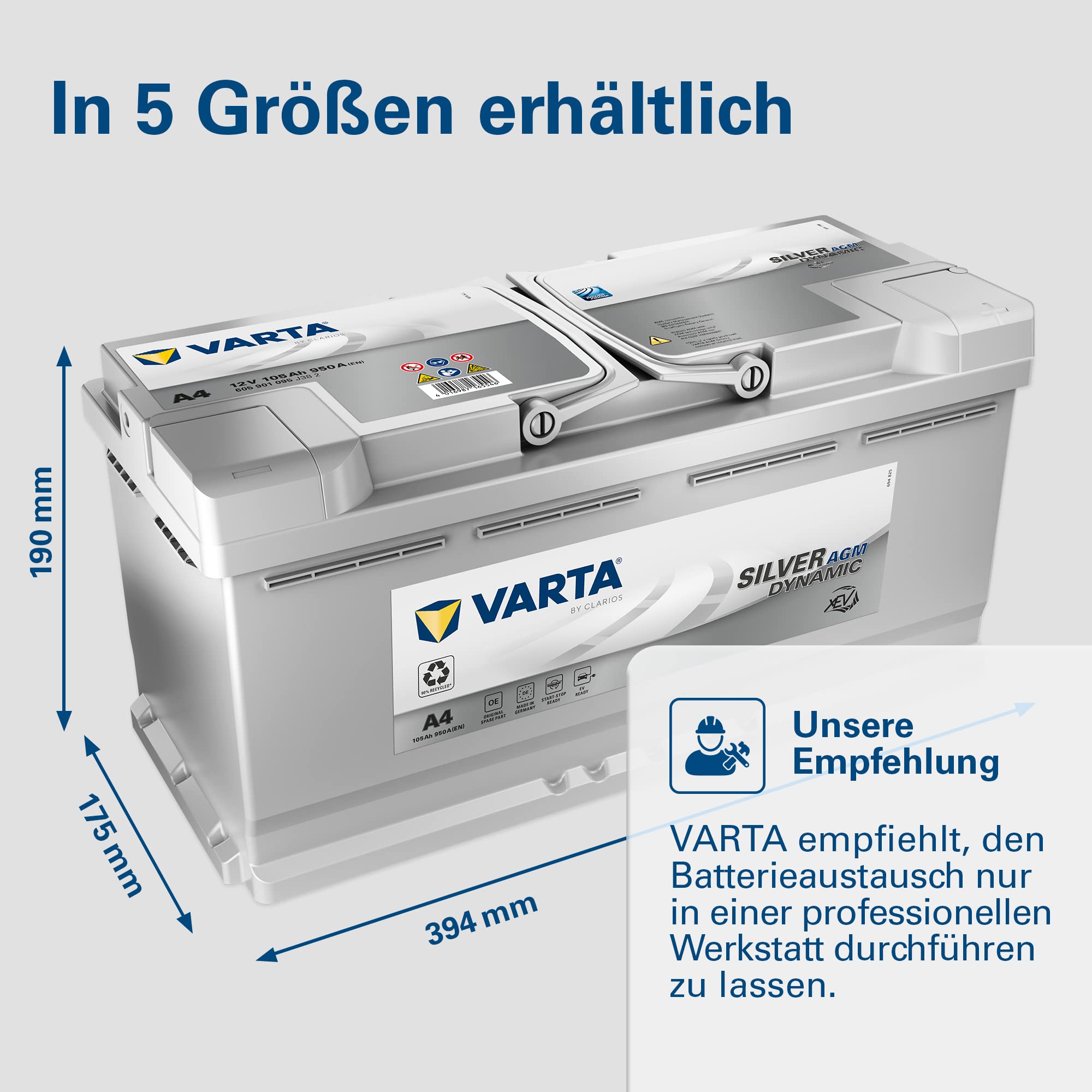 AGM Autobatterie 12 V 105 Ah 950 A A4 Start-Stopp xEV Starterbatterie 6 Zellen SAE-Klemme 394 x 175 x 190 mm
