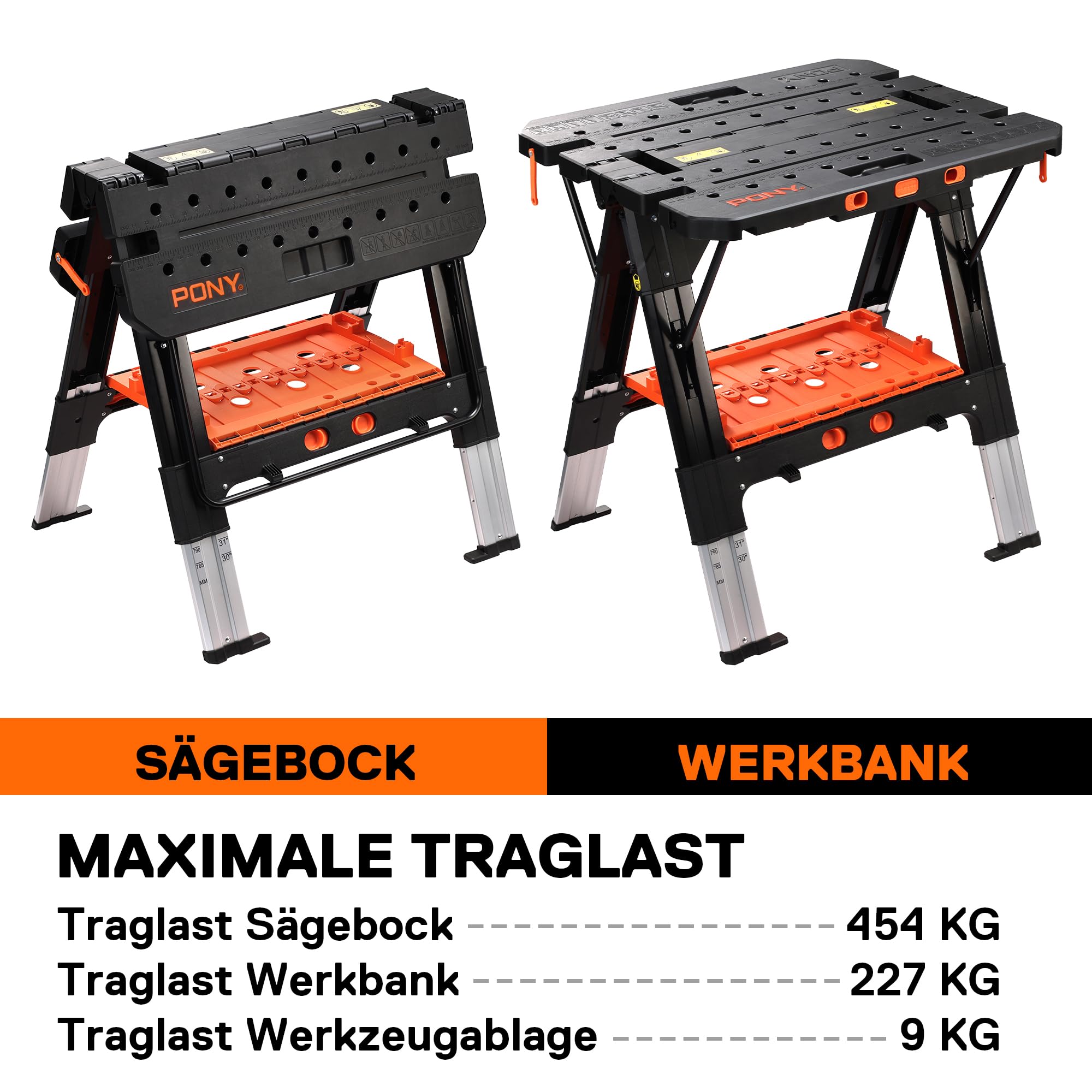 PONY 2 in 1 Werkbank und Sägebock klappbar bis 454 kg belastbar als mobile Arbeitsbank für Werkstatt