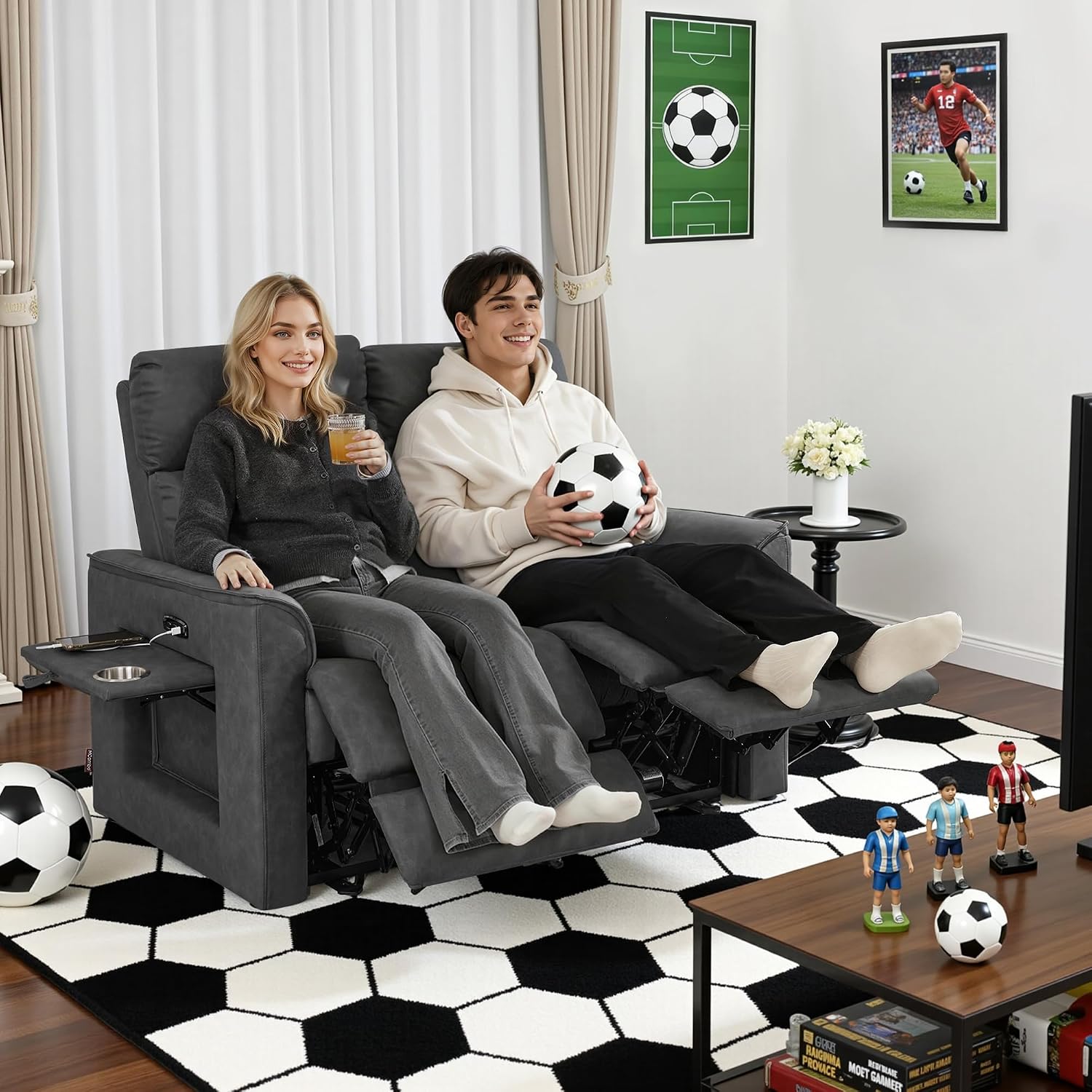 MCombo M Poltrona TV 2 posti elettrica, regolabile in posizione zero-gravity 155°, con tavolino laterale nascosto, funzione relax e cuscino in schiuma piena 35D, 7719M1 (Grigio Scuro)