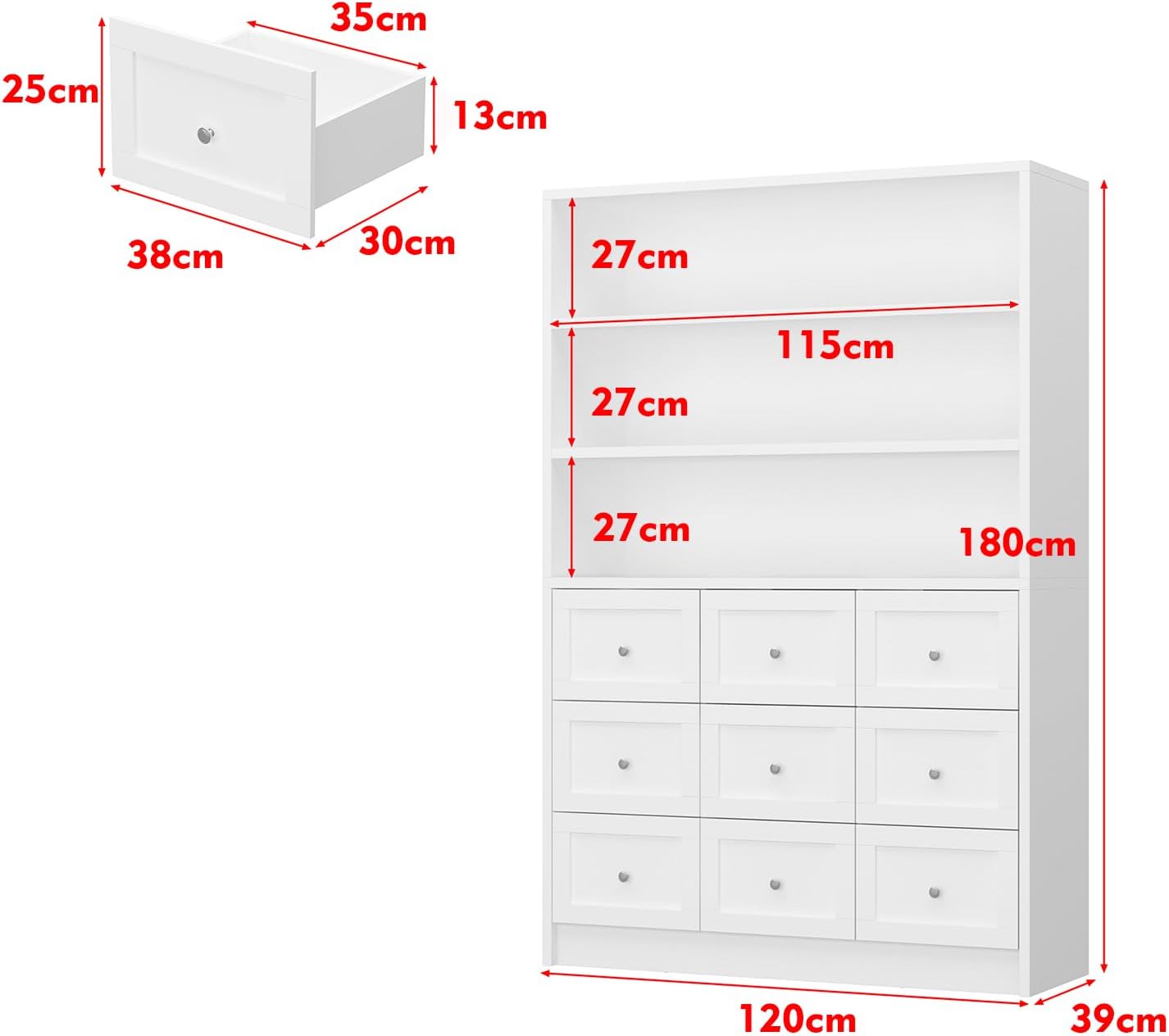 Libreria Armadietto a 9 cassetti, 3 scomparti aperti, maniglie in metallo, multifunzione, 180 x 120 x 39 cm, bianco, MDF