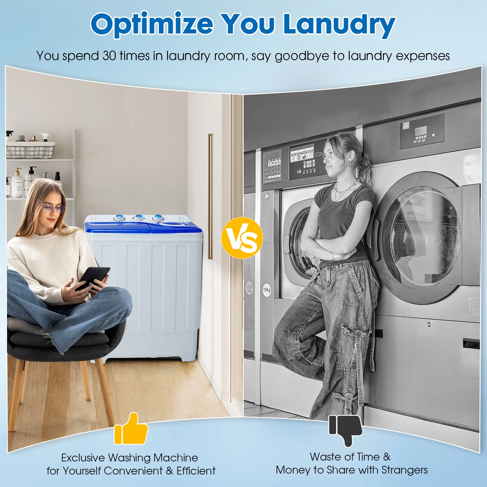 Artbros 28lbs Portable Twin Tub Washing Machine with Drain Pump, Compact Laundry Washer for Apartments, Dorms, Blue