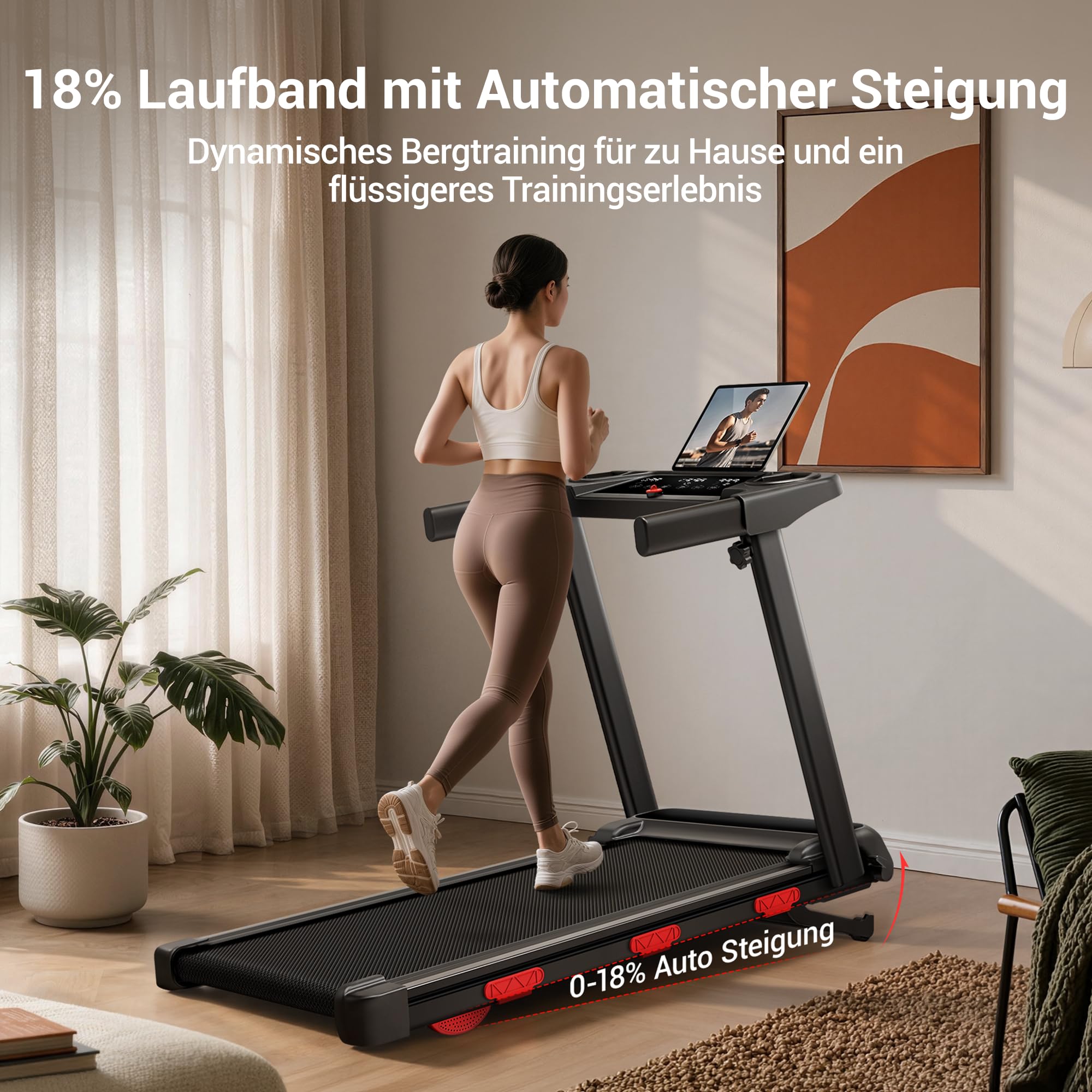 Laufband für Zuhause klappbar mit automatischer Steigung bis 18 %, 12 km/h und 3,0 PS leiser Motor